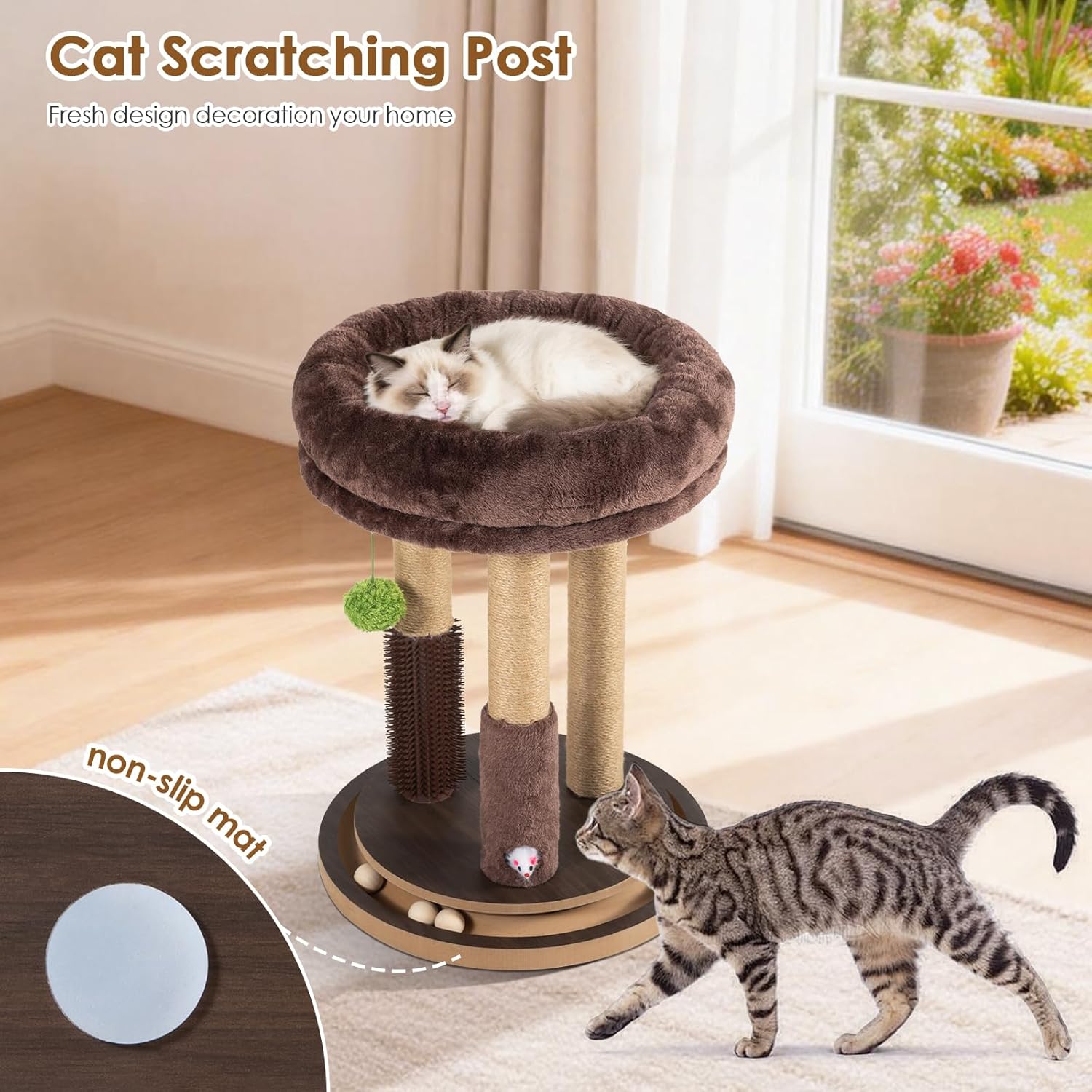 22 Inch Heavy-Duty Cat Scratching Post with Cozy Plush Bed, 3 Sisal Scratching Posts, Interactive Cat Scratcher with Grooming Brush, Hanging Pom-Pom, Track Balls & Mouse Toy for Indoor Cats