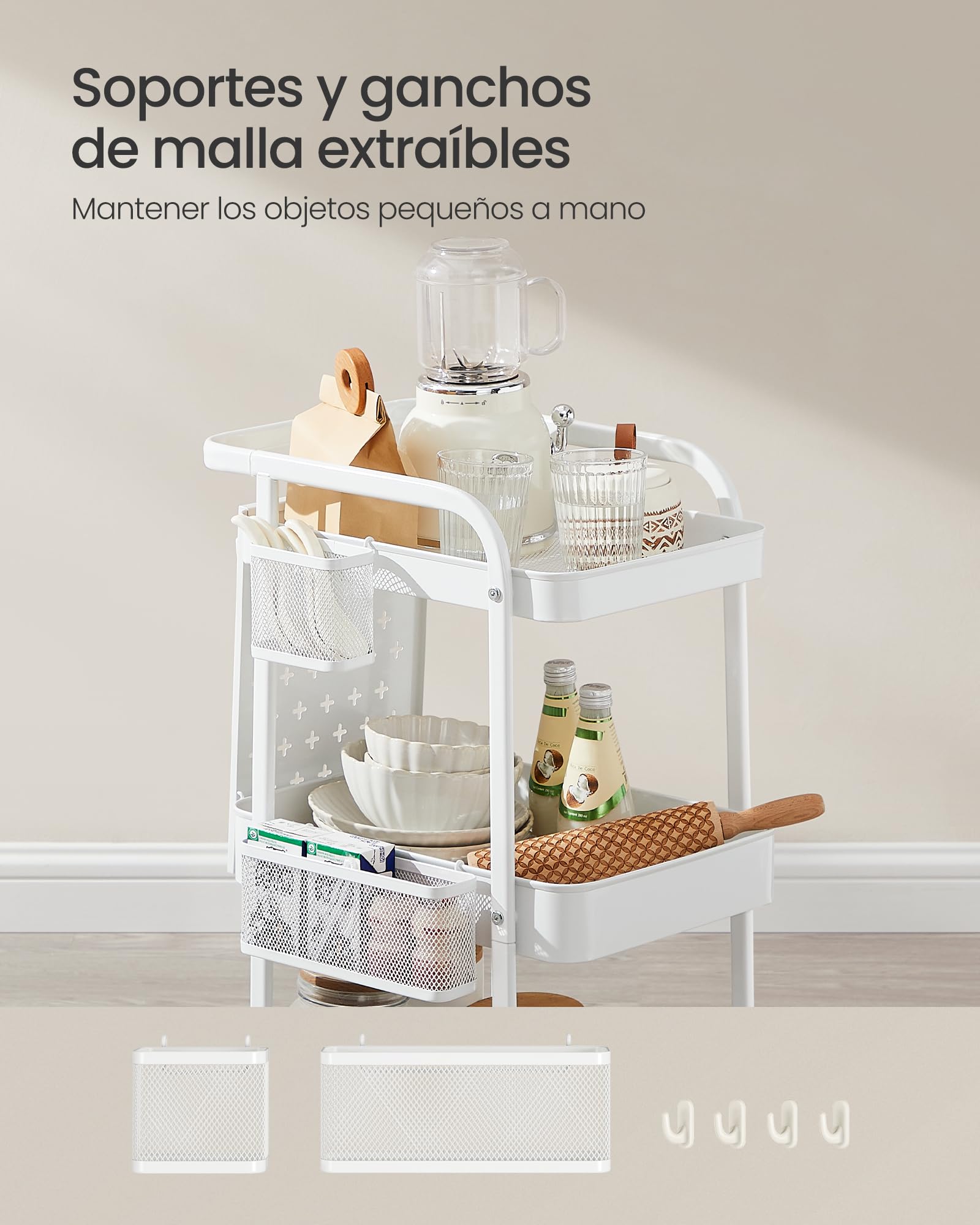SONGMICS Carrito de Almacenamiento, Carrito con Ruedas, 3 Estantes Malla Metálica, 2 Paneles Perforados Extraíbles, 2 Soportes de Colgar, 4 Ganchos, para Oficina Cocina Baño, Blanco Nube LRC037W01