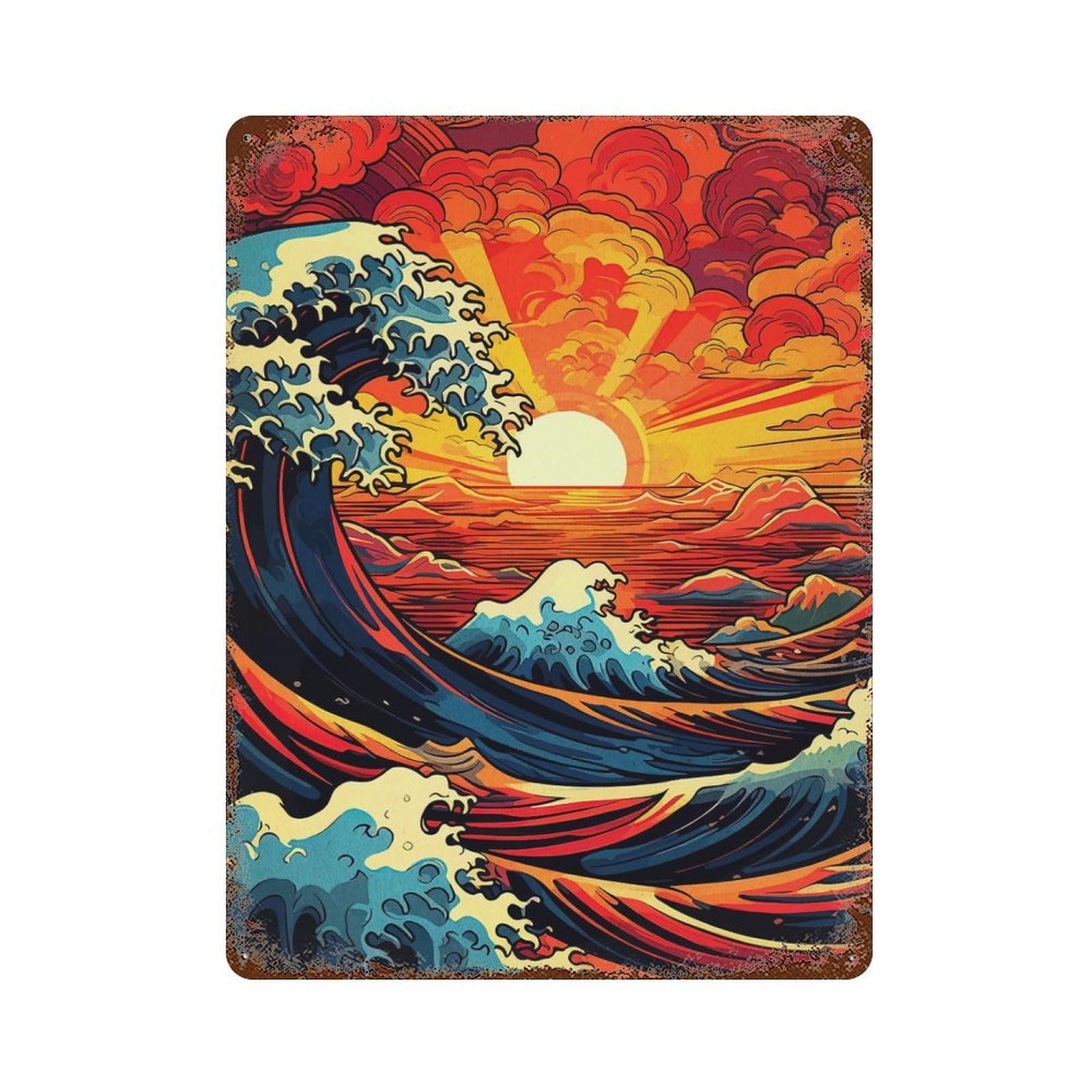 Garage Style Stylized Ocean Waves at Sunset Vintage Rust Metal Sign 15.7"x11.8", Industrial Home Decor for Bar And Workshop