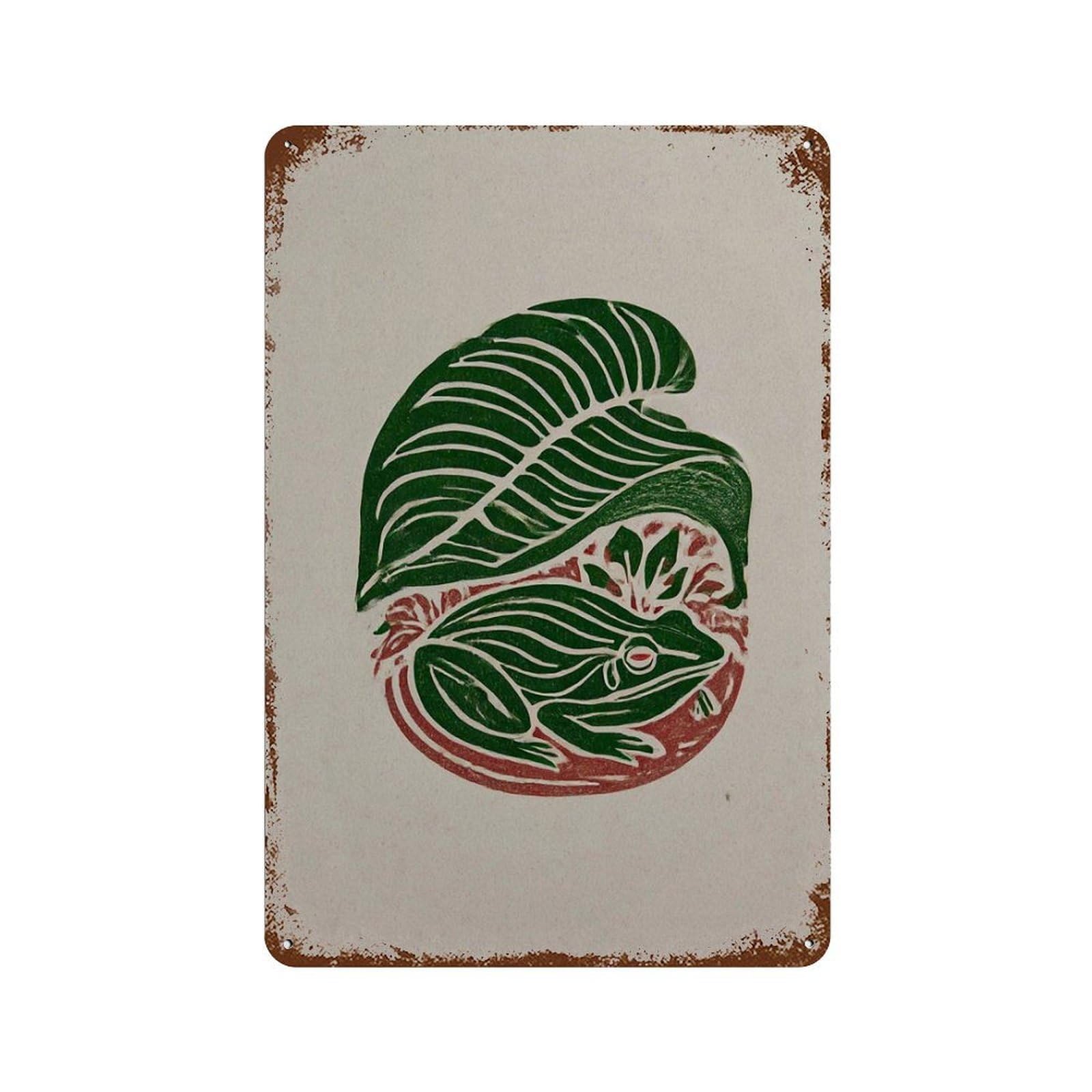 xiaoxiaoshen Frog And Leaf Linocut Botanical Animal Ehy Minimalist Hand Wall Decor Art Metal Tin Poster Modern Home Decor Art Home Bar Shop Decorations Vintage Sign 30x20cm