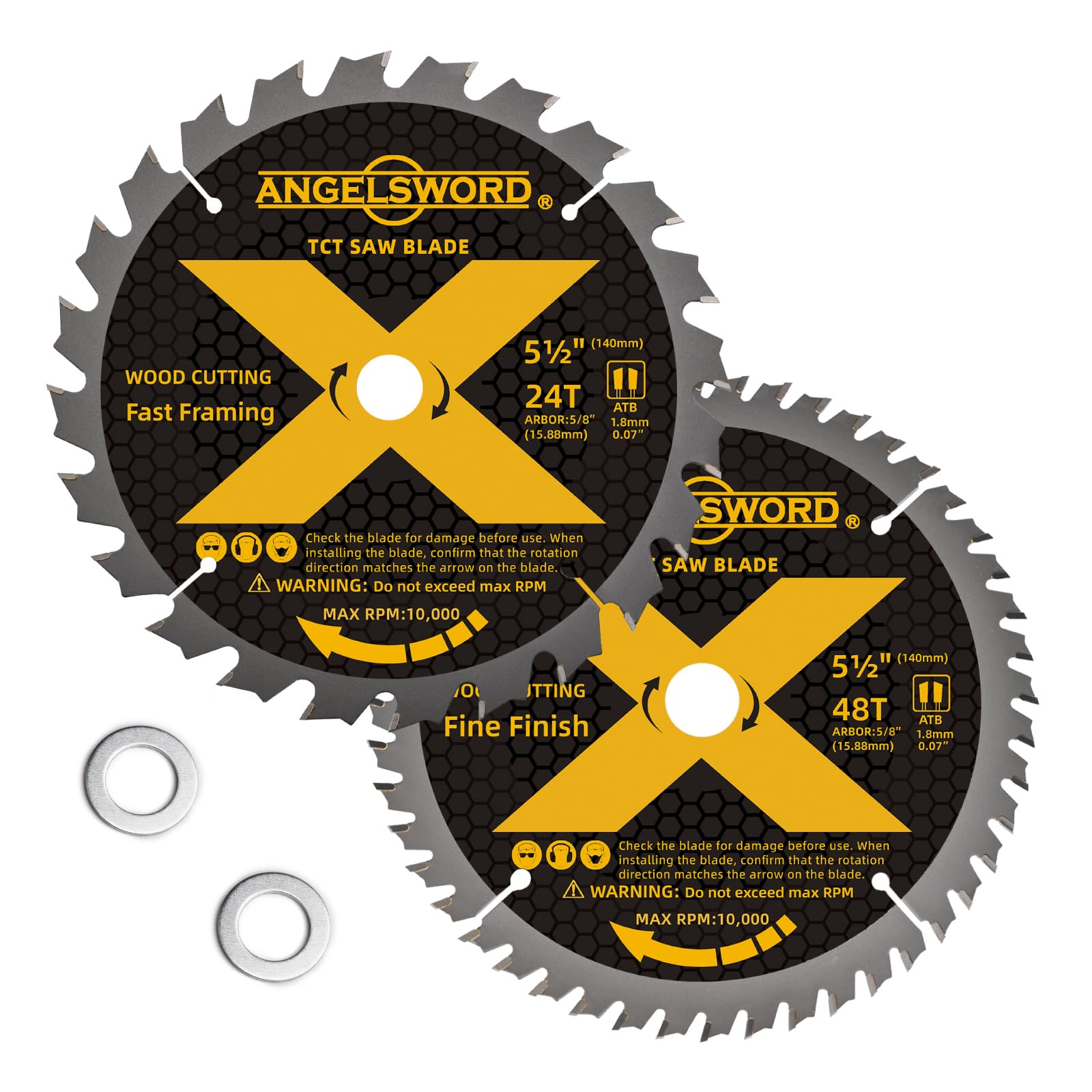ANGELSWORD 5-1/2 Inch Circular Saw Blade 24T for Framing&48T for Fine Finish Wood Cutting, Includes bushings for 10mm Arbor