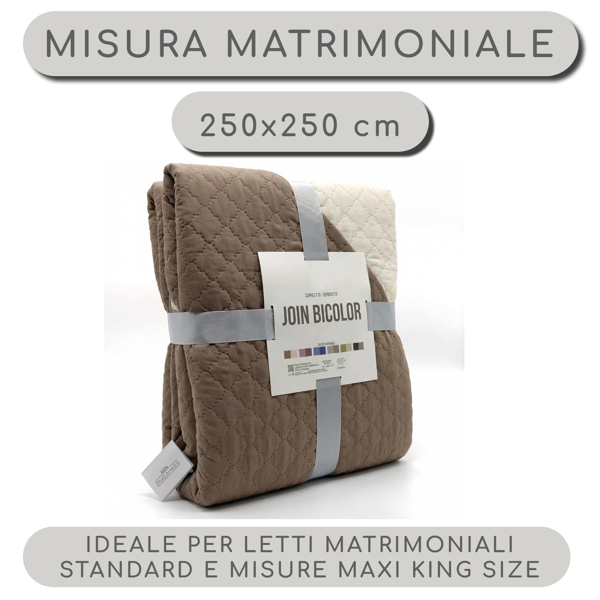 Riad Arredo Trapuntino Primaverile Bicolor Estivo Morbida Microfibra - Copriletto Trapuntato Leggero Double Face Tinta Unita (Cioccolato/Panna, 2 Piazze - 250X250 cm)
