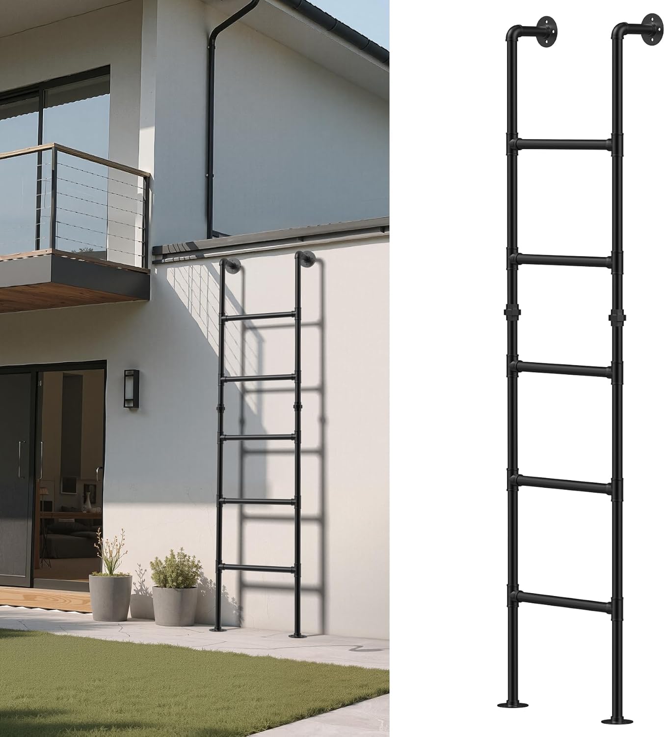 5.6ft Rv Bunk Bed Ladder, Window Well Egress Floor Mounted Basement Ladders, Heavy Duty Iron Step Ladder Loads 355lbs,5-Rung Fire Escape Metal Loft Ladders for Home Library Attic Deck