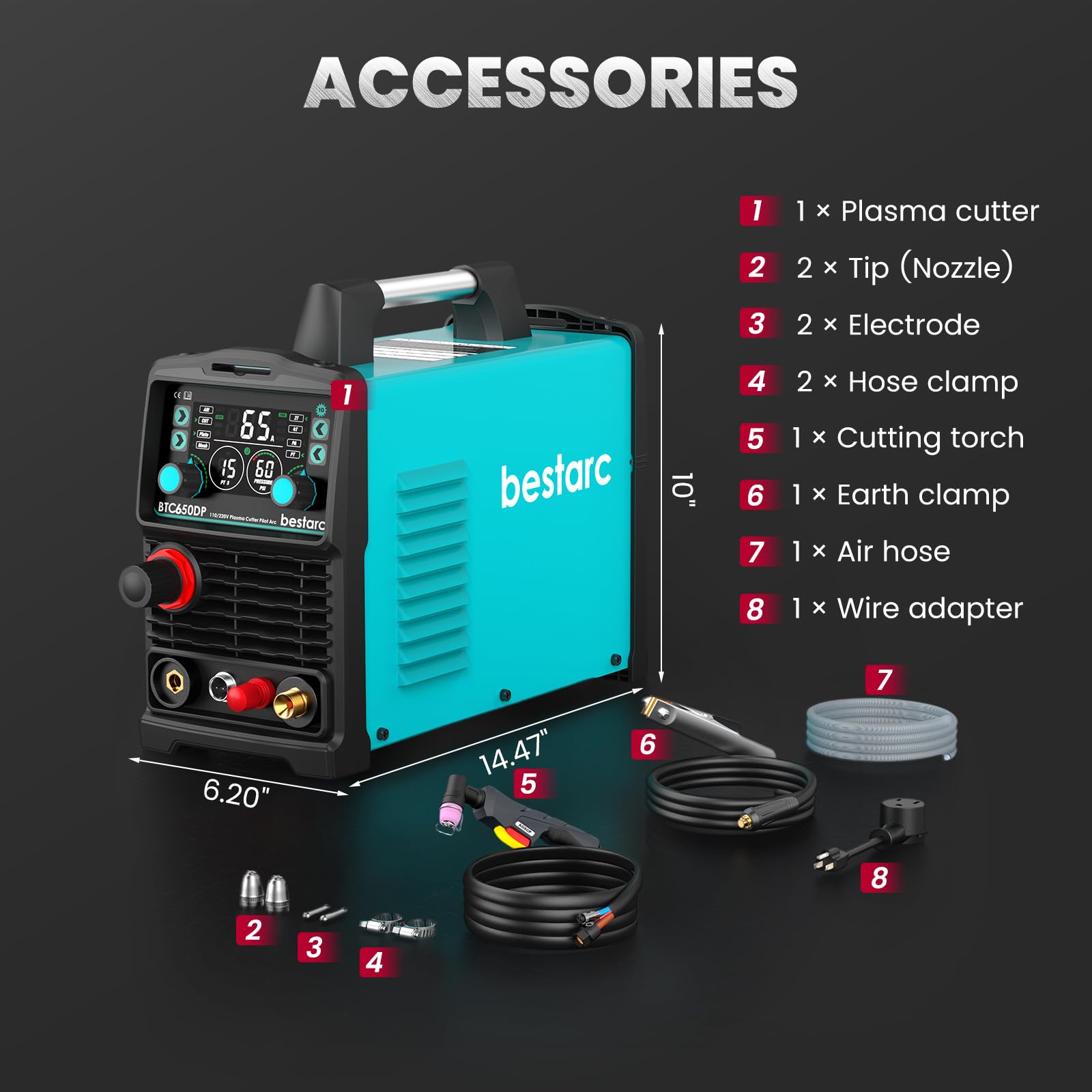 bestarc Taglierina al plasma, Pilot Arc BTC650DP 10a generazione 65Amp Display a doppia tensione 110/220V Macchina da taglio al plasma digitale (BTC650DP 10GEN 110/220V)