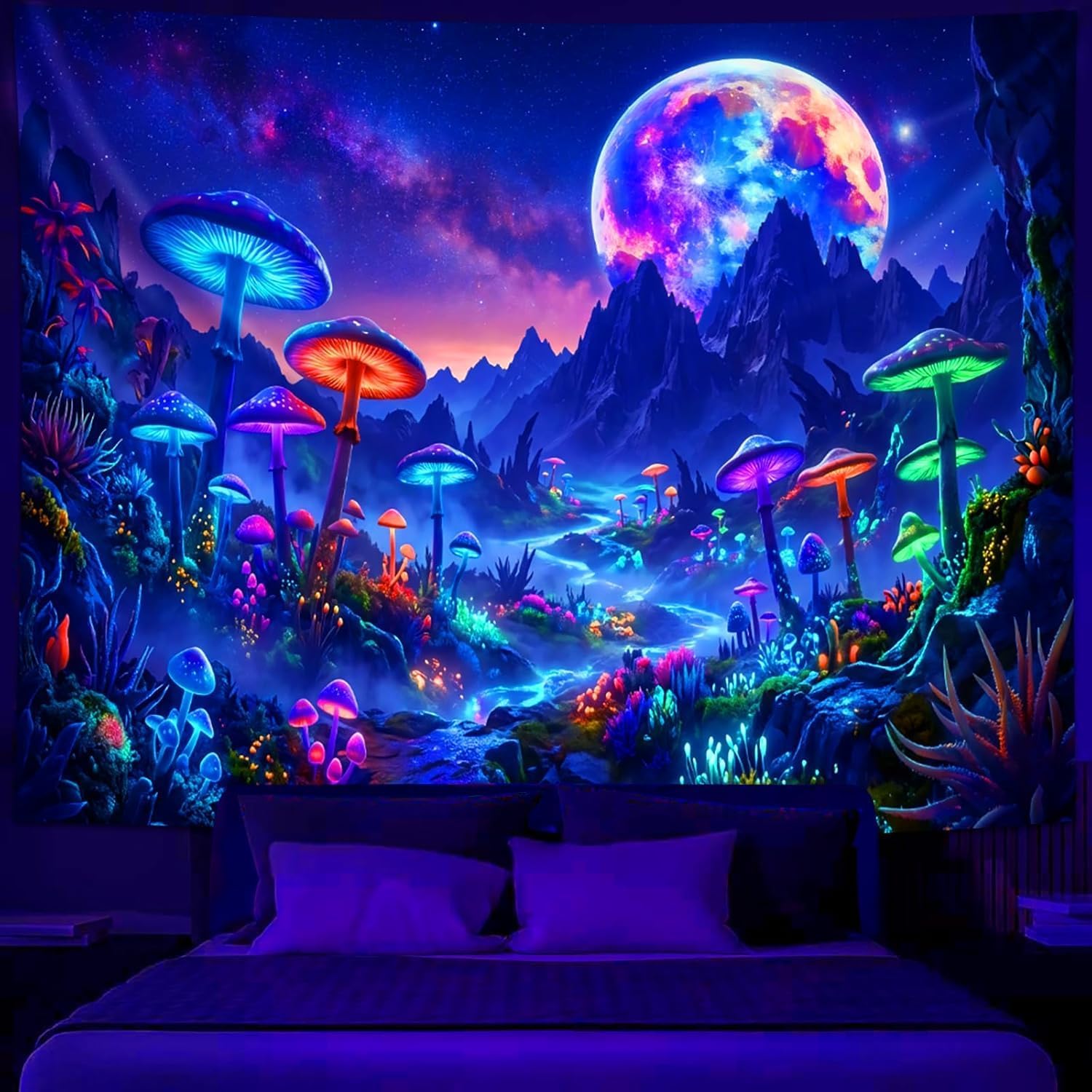 Simpkeely Blacklight Mushroom Forest Tapestry, 70.9" x 90.6" | Neon Galaxy Moon Mountain Design, Magical Nature Night Sky Art, Aesthetic Decor, For Bedroom, Living Room, Dorm