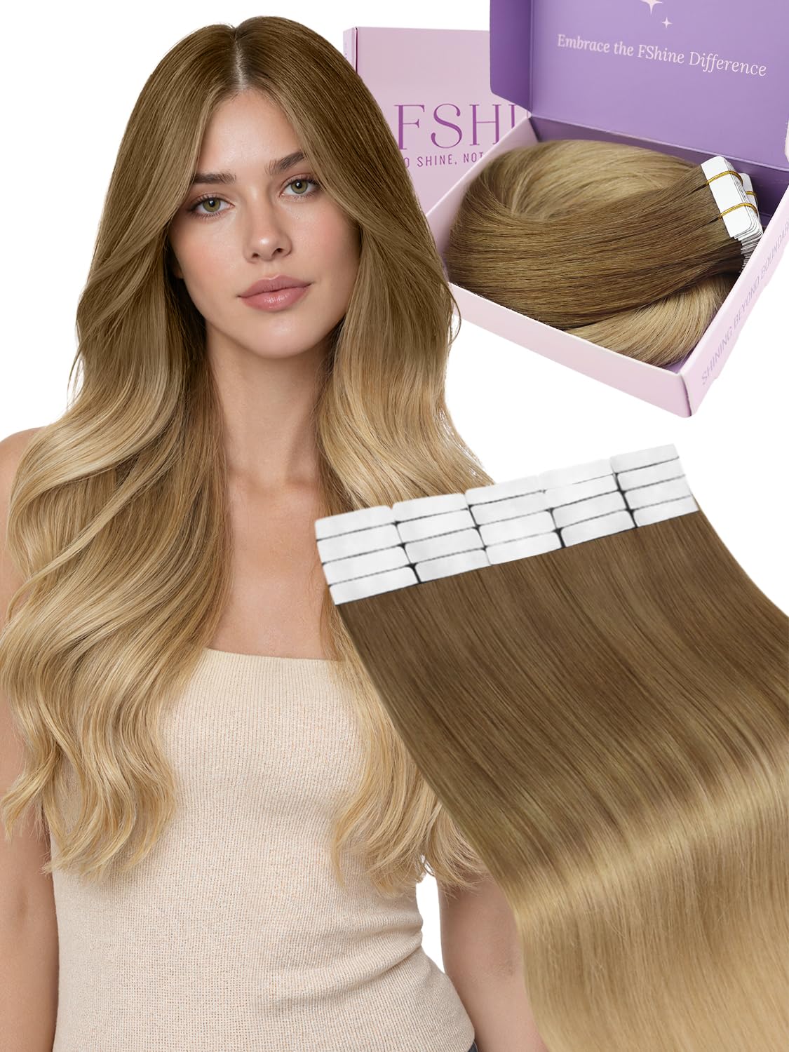 Fshine Extensiones Adhesivas Pelo Natural 20 Pulgadas 50g Cabello Humano Marrón Claro Balayage Rubio Y Marrón Claro Cinta 20Pcs Liso Color 6 60 6 — view 16