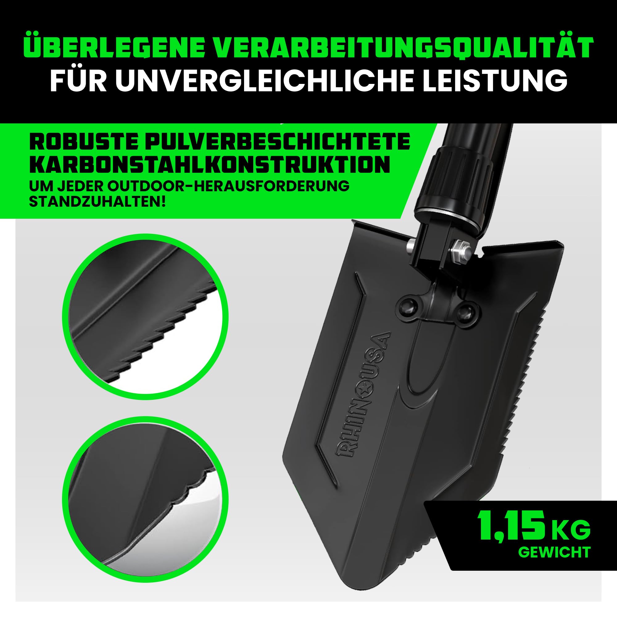 Rhino USA Klappspaten mit Hacke für die Survival Ausrüstung – Klappschaufel aus Karbonstahl für die Outdoor Ausrüstung, Campingausrüstung, als Gartenschaufel, Strandschaufel und Schneeschaufel