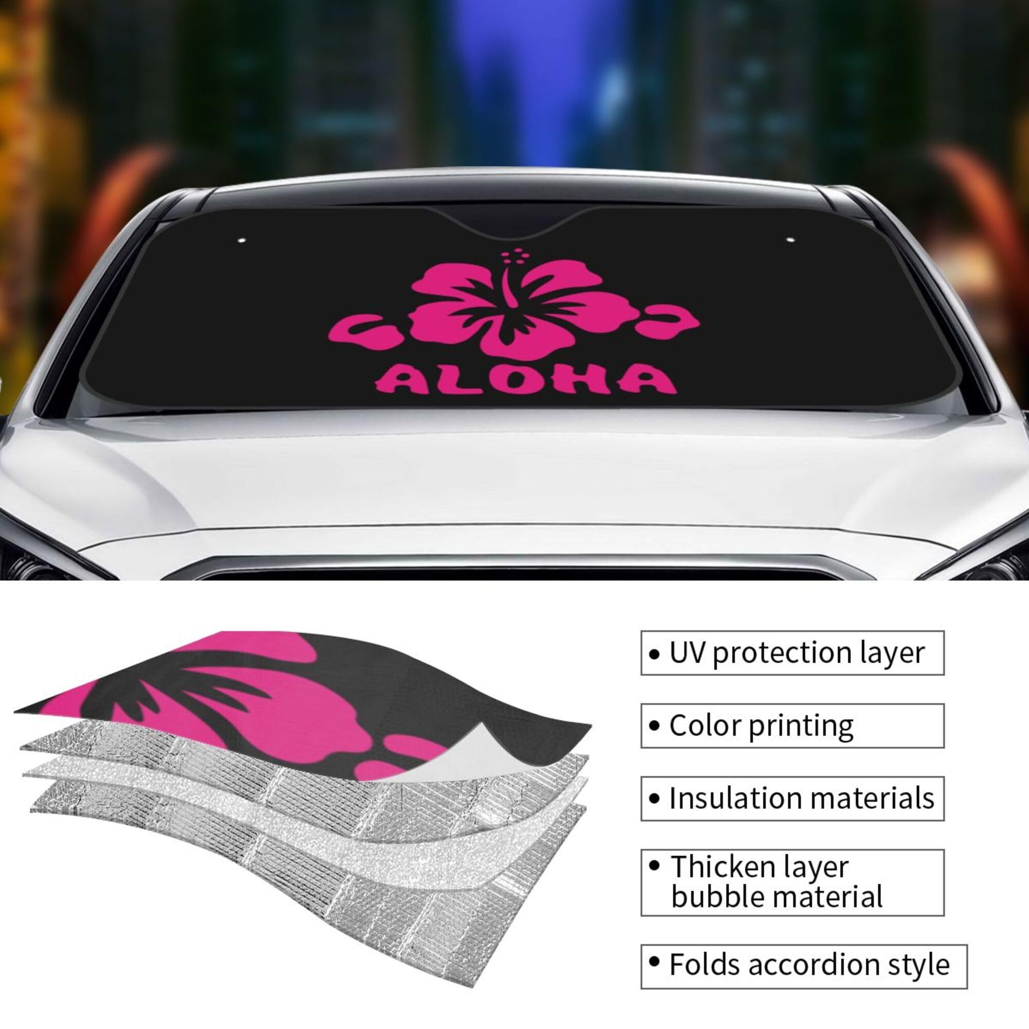 Aloha Flower - Parasol hawaiano para parabrisas de coche, SUV, camión, reflector de rayos UV, plegable, para ventana delantera, parasol