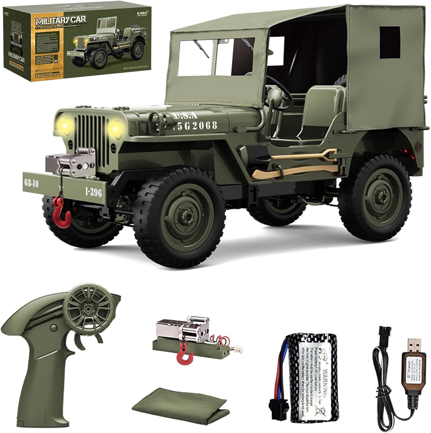 RC Crawler, 1:10 Scales Upgraded Willys Military Jeep with Linked Lights Winch & Canvas Cover, 2.4Ghz 4WD Off Road RC Car, All Terrain Electric RC Jeep for Teens Adults