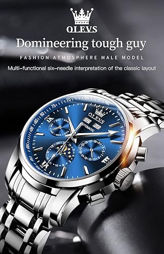 Miniatura 2 de OLEVS Reloj de lujo mecánico automático para hombre, impermeable, cuerda automática, fase lunar, fecha, cronógrafo, acero inoxidable, luminoso,