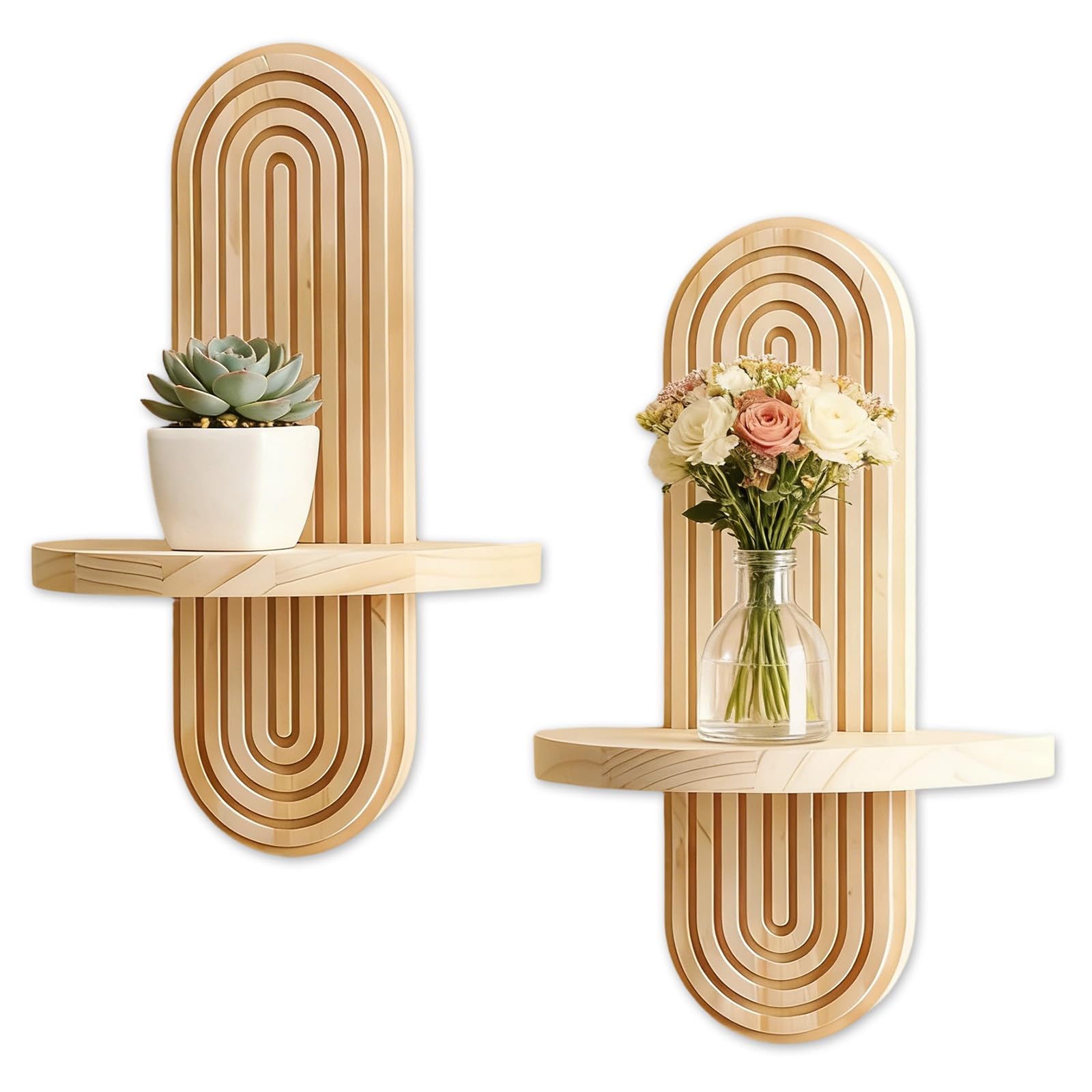 Aurelx 2Pcs Wooden Boho Wall Decor, Decorative Floating Shelves, Arch Floating Wall Shelves for Candle Plant Photo, Small Boho Decor for Living Room Bathroom Bedroom Kitchen