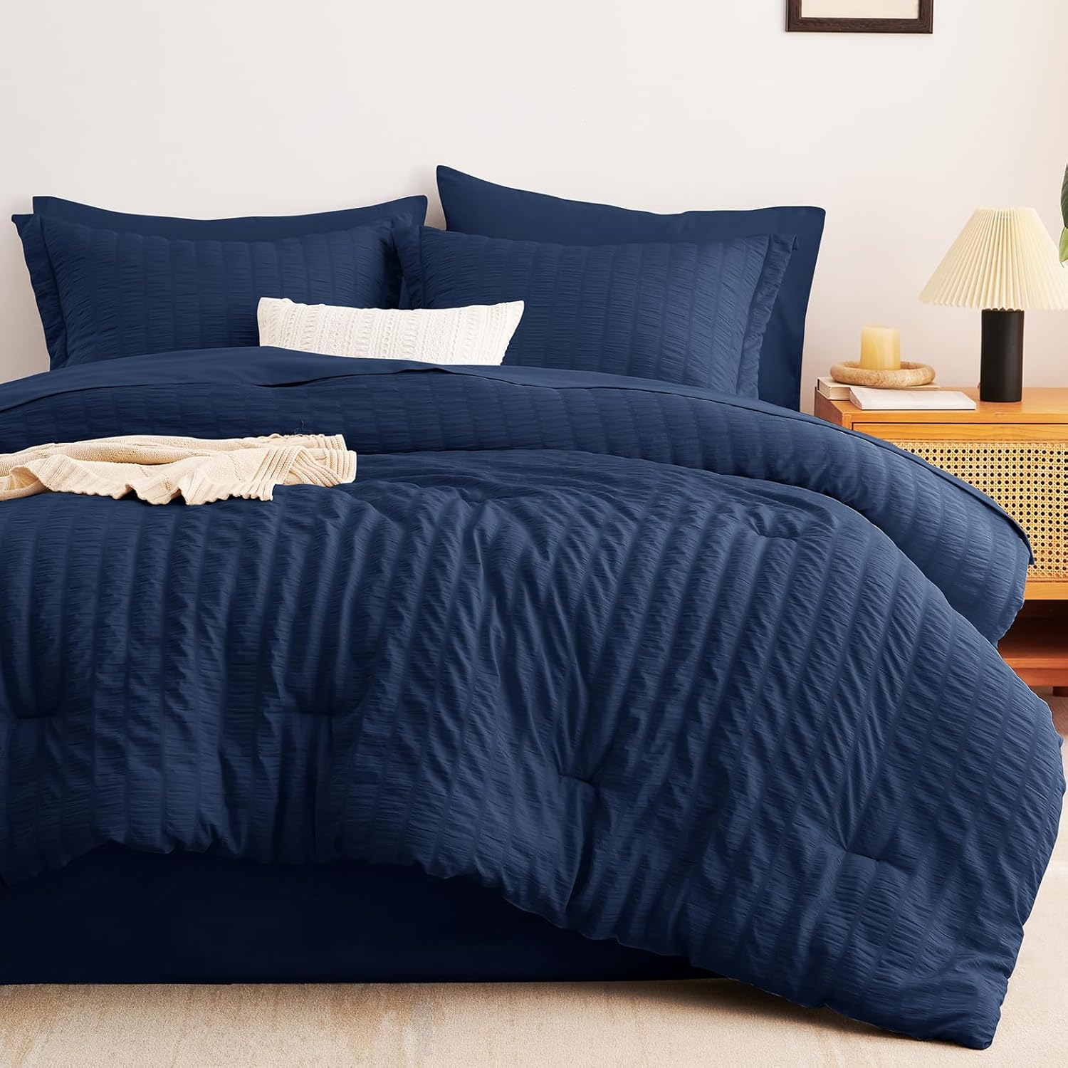 CozyLux Queen Comforter Set Navy Blue Seersucker 7 Pieces Bed in a Bag Queen Comforter Set with Sheets Luxury Soft Bedding Set with Down Alternative Comforter, Sheets, Pillowcases & Shams All Seasons - Image 9