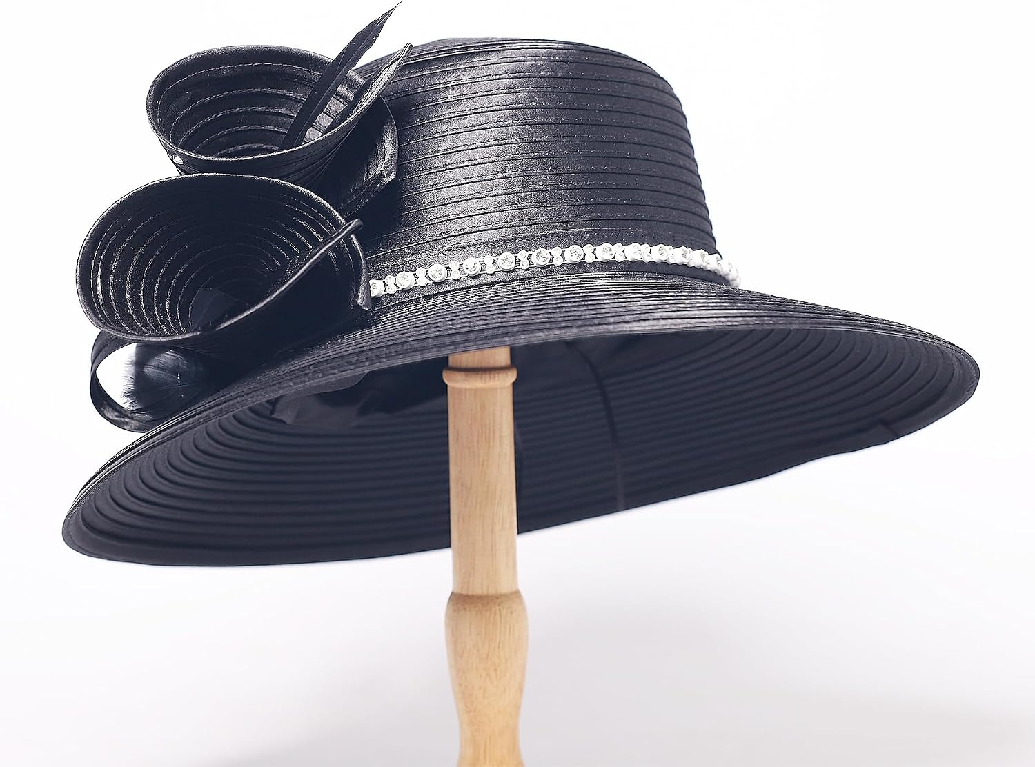 Women Derby Church Dress Wide Brim Hat, 1920s Vintage Feather Rhinestone Tea Party Wedding Cloche Bowler Hat