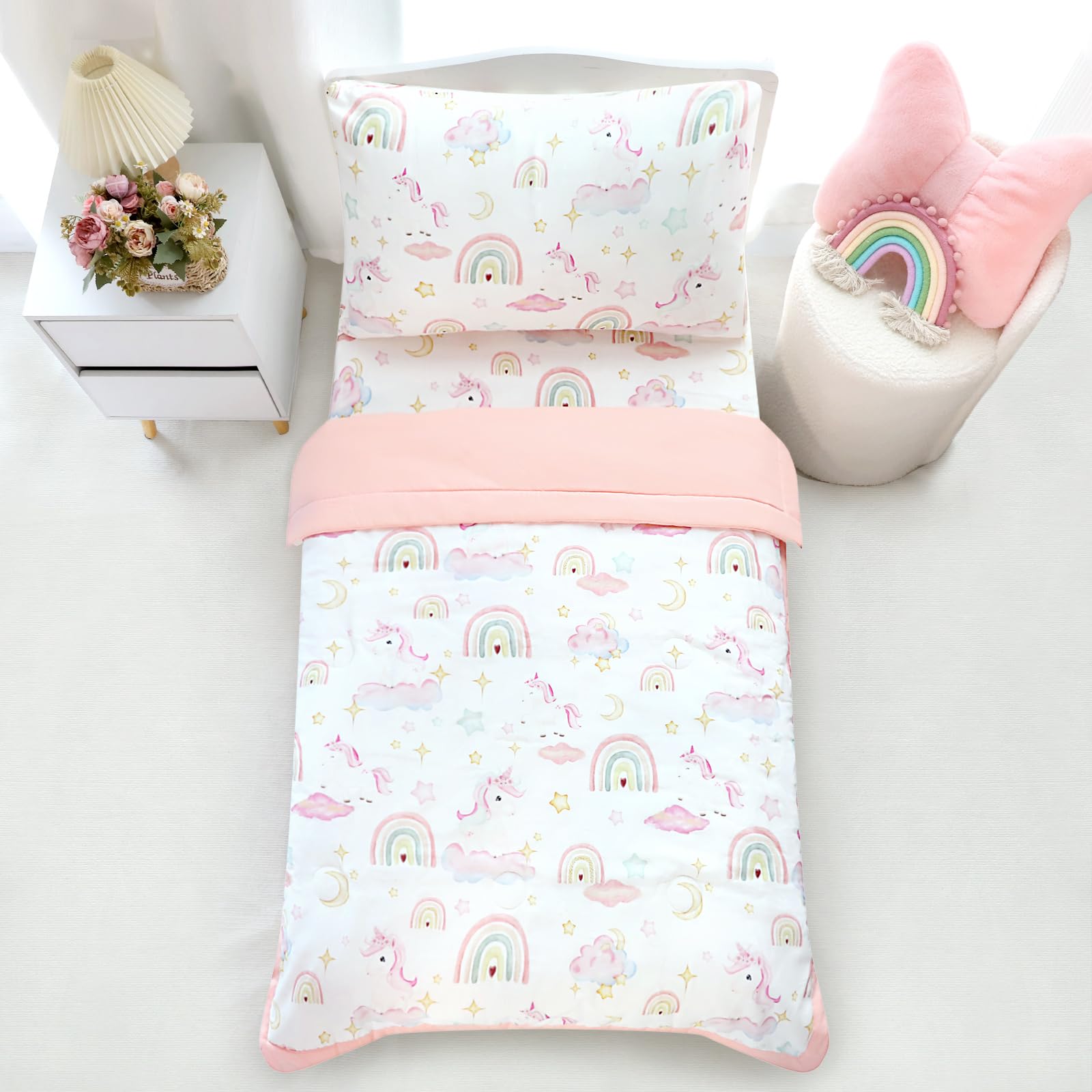Pea Pod Muslin Toddler Bedding Set 3-Piece - Soft Breathable Crib Bedding with Fitted Sheet, Quilt & Pillowcase for Infant & Kids Bed | Machine