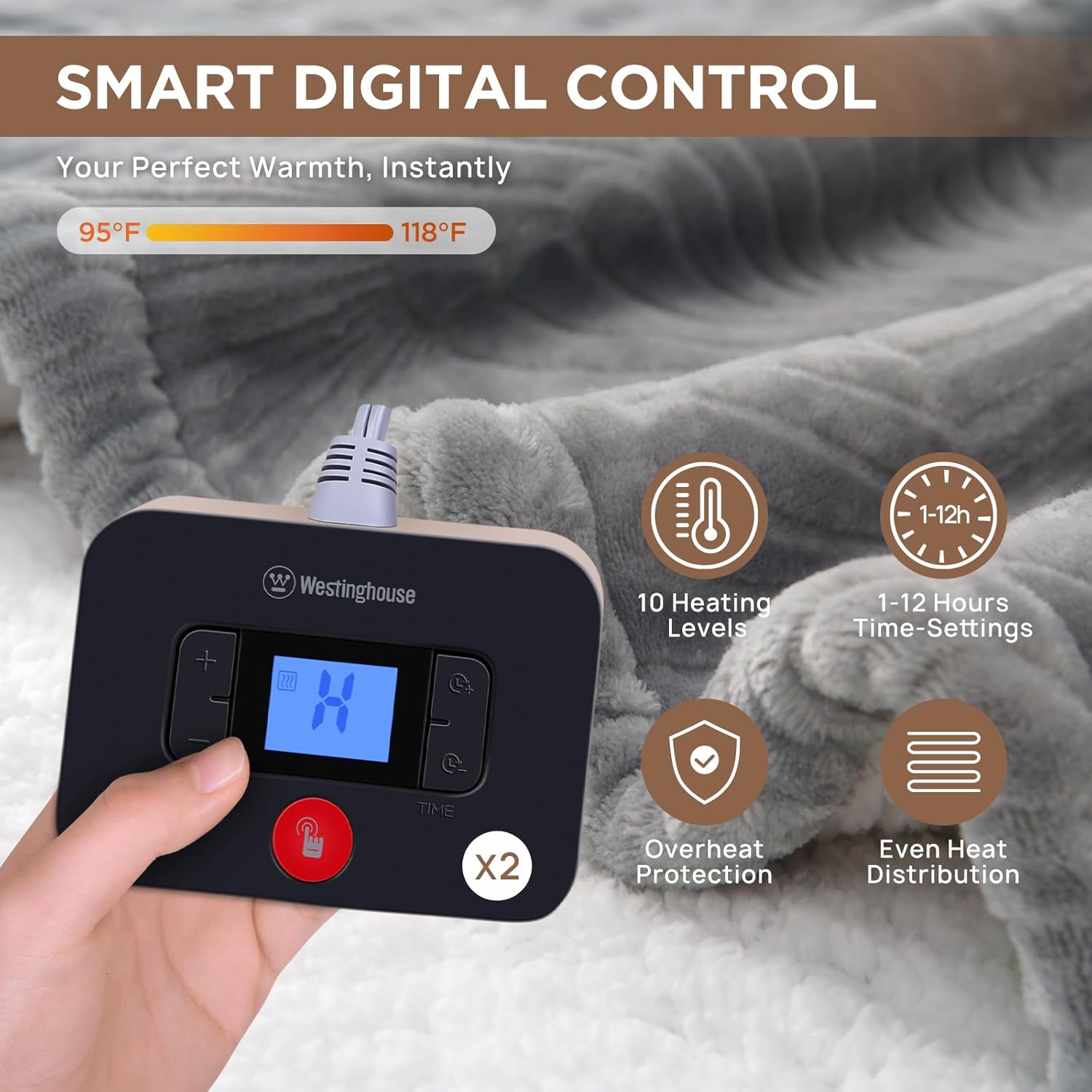 Westinghouse Electric Blanket King, Flower Jacquard Heated Blanket King Size with 10 Heating Levels and 1-12 Hours Auto-Off, Flannel to Sherpa Reversible, Machine Washable, 90" x 100" Inch, Grey - Image 3