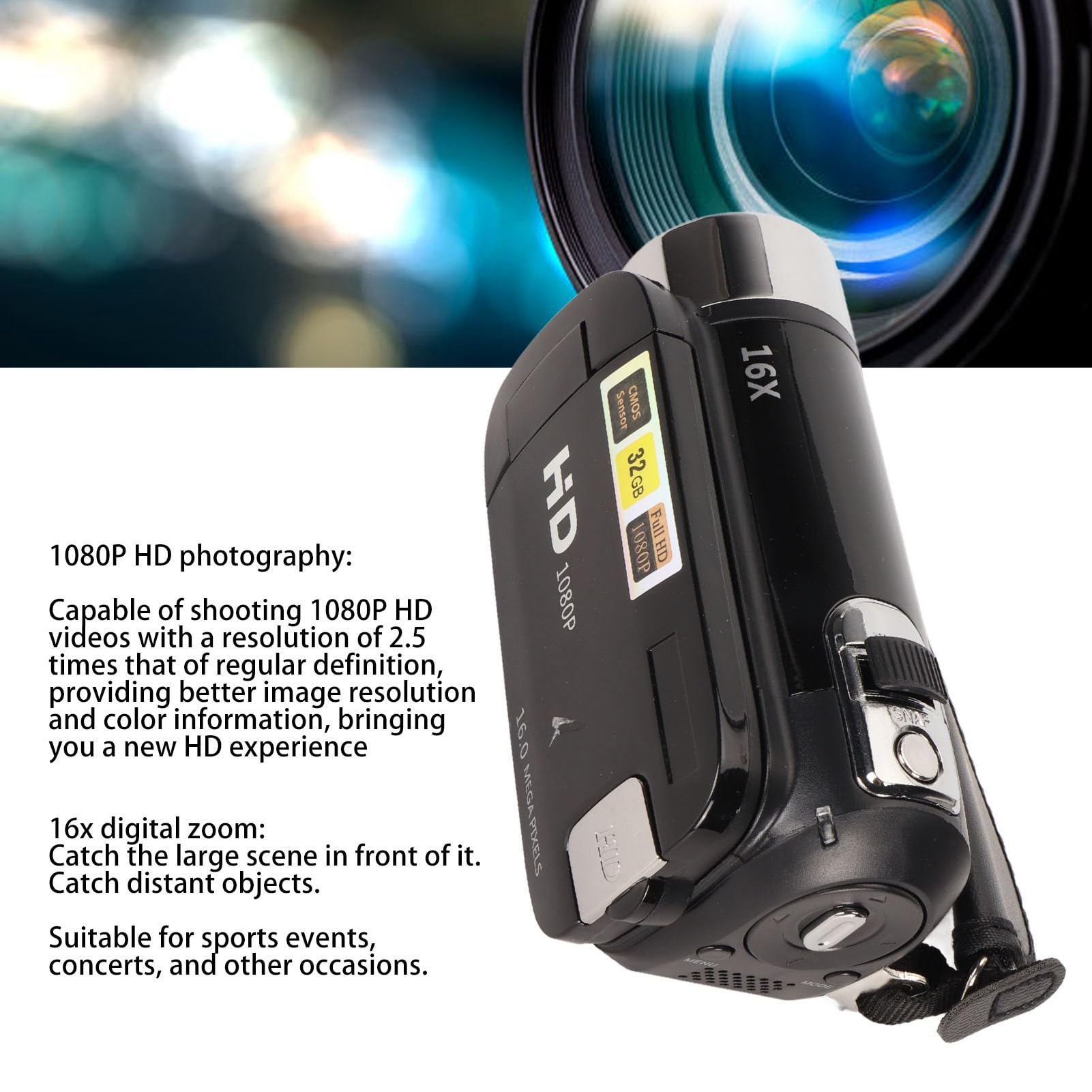 XHTLLO Digital Camera, 1080P 16MP HD 16X Zoom Anti Shake Handheld Video Camera with LED Fill Light and Built in Microphone(Black)