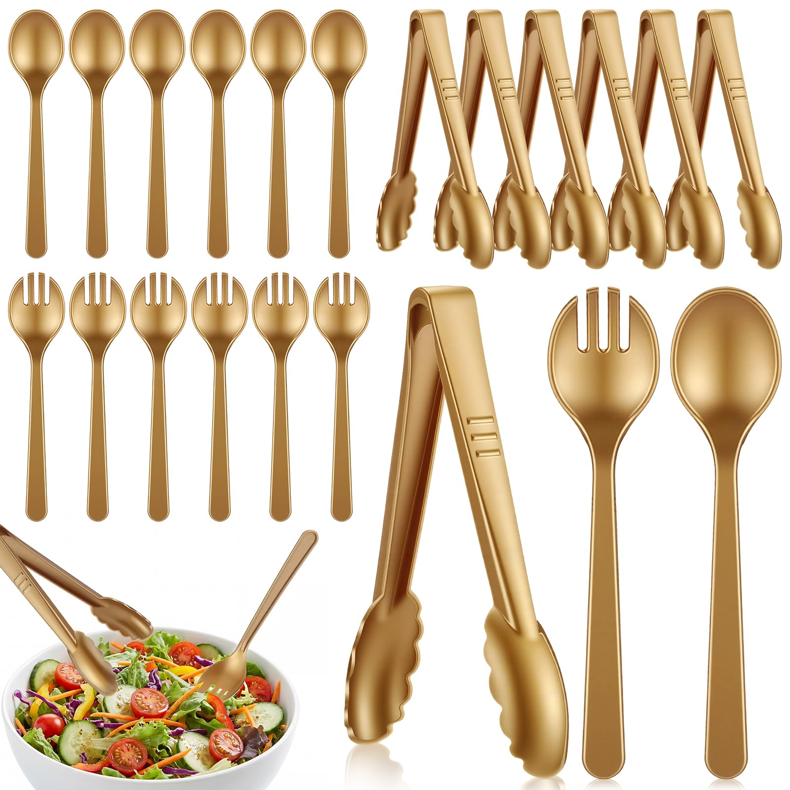 Photo 1 of FoldTier 18 Pcs Disposable Plastic Serving Utensils Set Gold Serving Spoons Forks Tongs, Disposable Utensils for Party Weddings Birthday Dinner Buffets Banquets