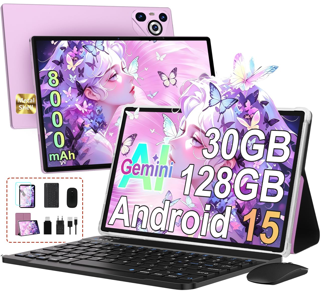 Tablet Android 15 [30GB RAM] 128GB ROM, 10 Inch IPS HD Screen - Purple