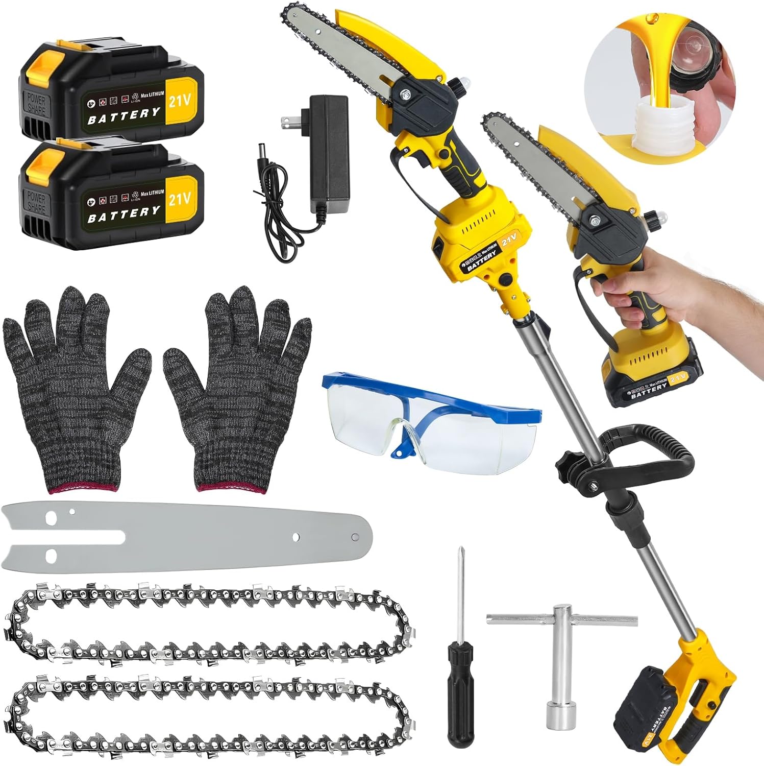 2 in 1 Cordless Pole Saw for Tree Trimming & Mini Chainsaw, 6-inch Brushless Electric Tree Trimmer with 2 x 1.5Ah Battery, 5.9 Feet MAX Reach Pole Saw for Trees Pruning Yellow