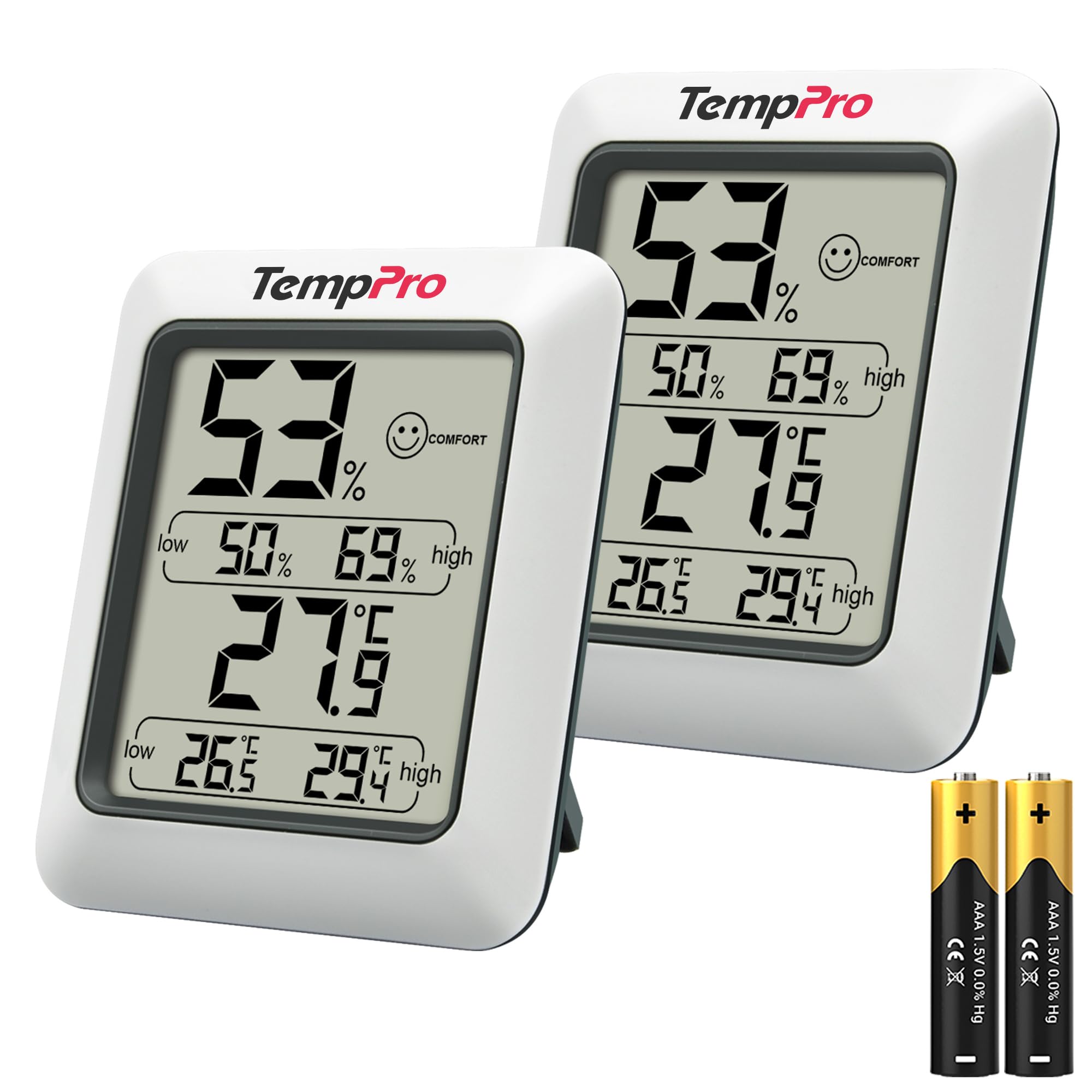 ThermoPro TP50 cyfrowy higrometr, termometr wewnętrzny, termometr pokojowy i wskaźnik wilgotności, z monitorem wilgotności i temperatury, 2 sztuki