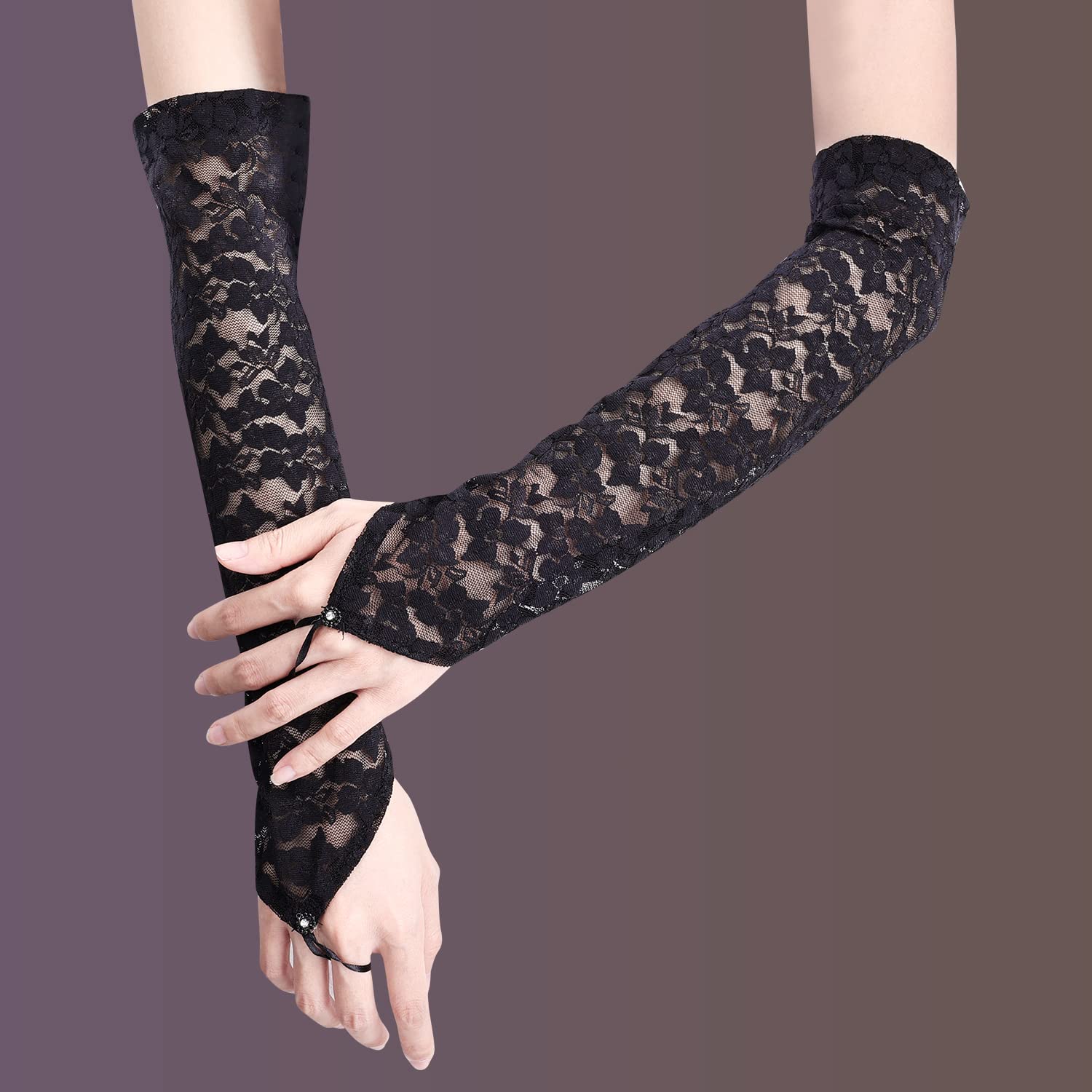 KINBOM Long Lace Gloves, Bridal Fingerless Lace Gloves for Women Tea Party 1920s Costumes Opera Party Masquerade, Elbow Length 15.7inch (Black)