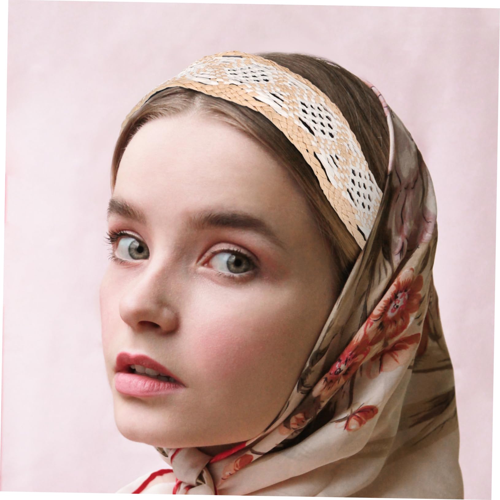 Bandeau Tissé Extra Large en Raphia Beige, Style Vintage