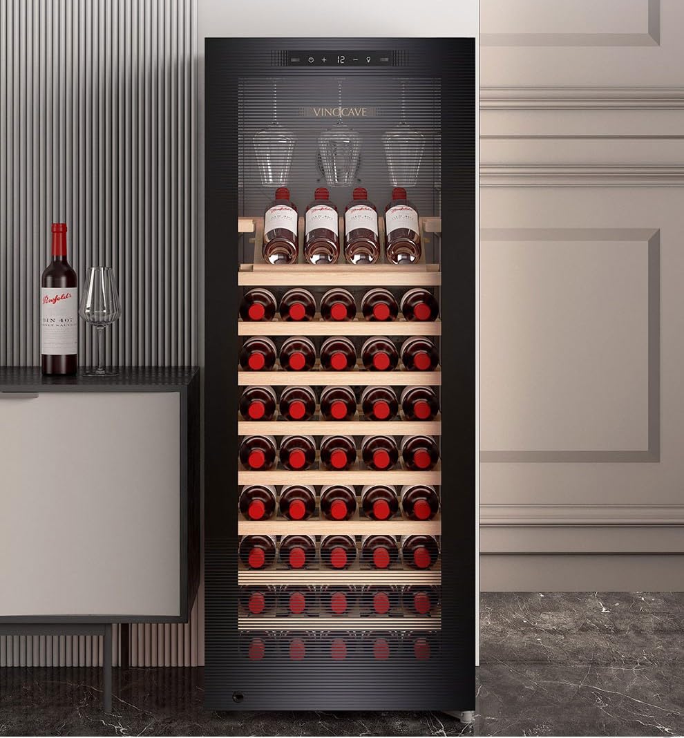 Wine & Beverage Cooler with Wooden Shelves, Glass Door, LED Digital Temperature Display, Low Noise, Freestanding Wine Cooler for Home Office, Hotels, Restaurants & Bars