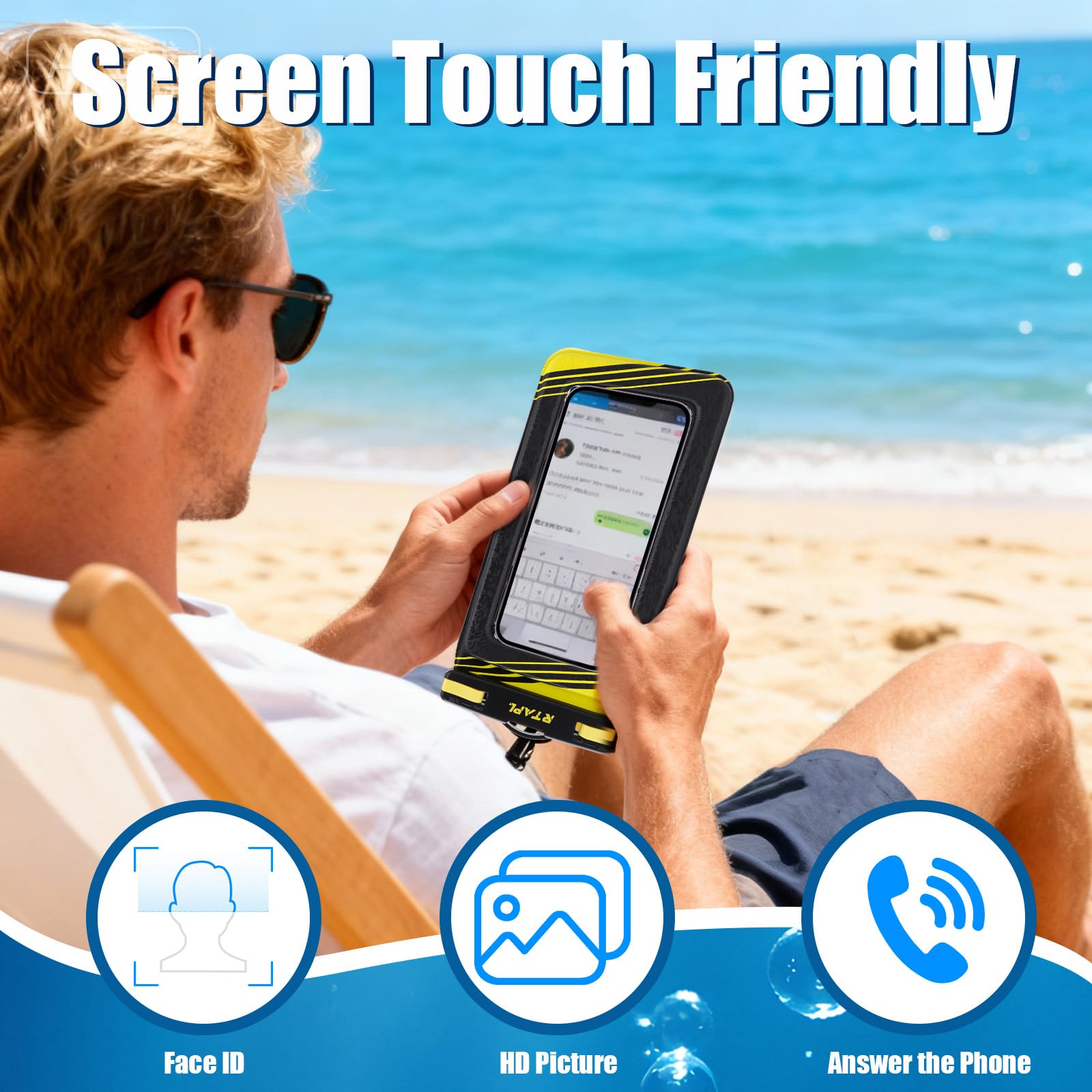 Universelle wasserdichte Handytasche, schwarz, für Smartphones, Touchscreen-kompatibel, Strand-Schwimmschutz, Schwarz und Gelb, 2 Stück