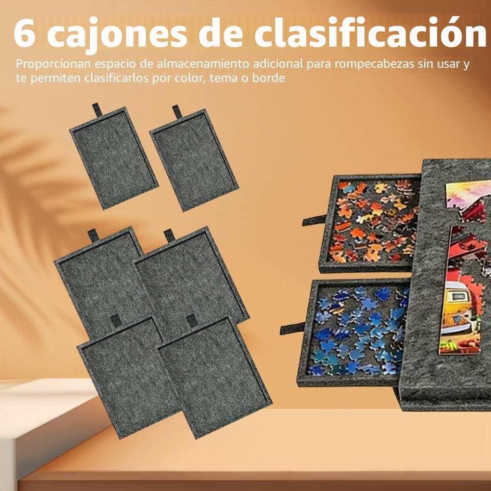 Tabla de cortar con soporte 2 en 1 y cubierta de fieltro ligero con 6 cajones para adultos, mesa de rompecabezas portátil de fieltro para hasta 1000 piezas, rompecabezas