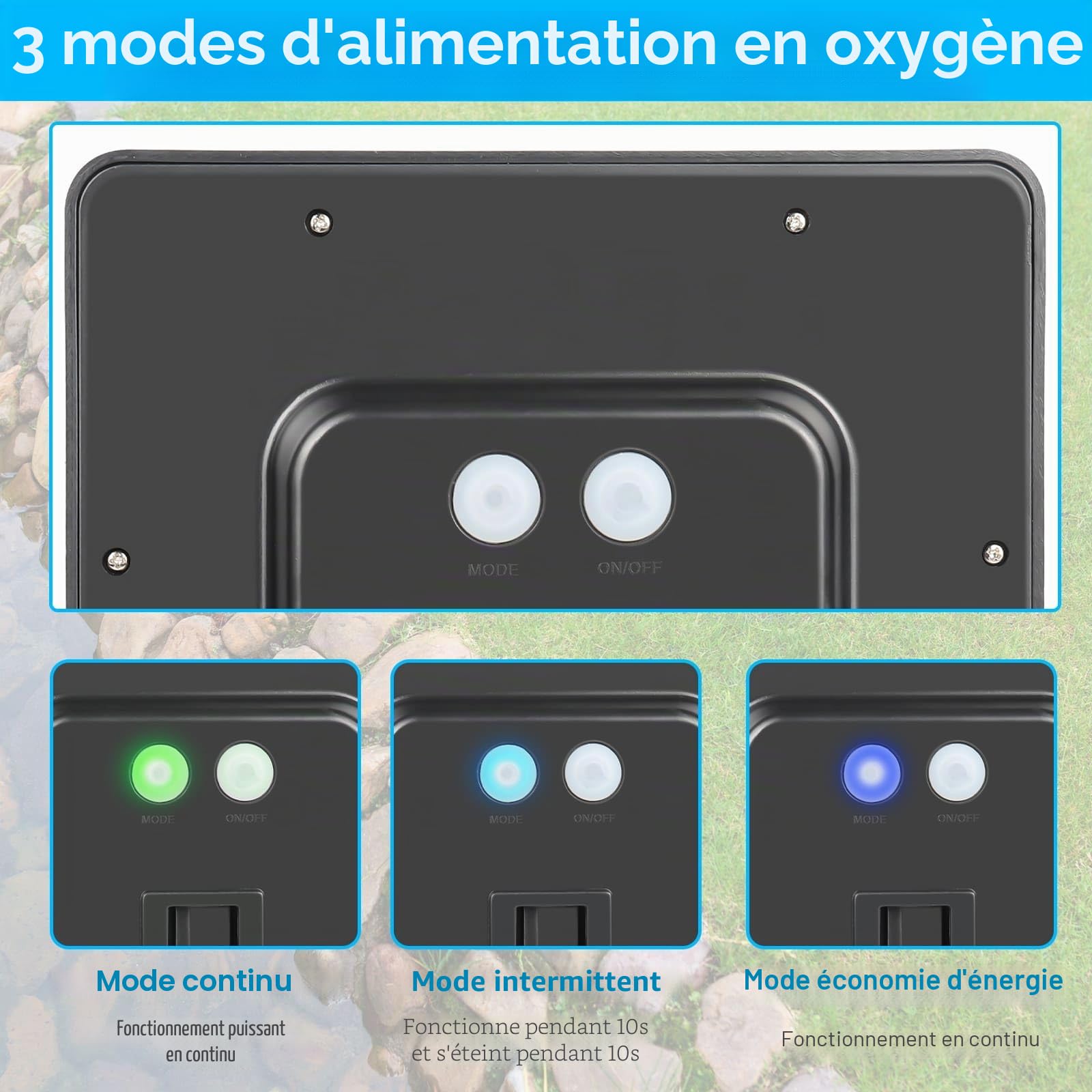 Weinsamkeit Pompe Solaire pour Bassin, 4W Pompe Bassin Solaire avec Batterie 2200mAh, 3 Mode, Pompe a Air Bassin avec Tube à Oxygène et 2 Pierre à Bulles d'air