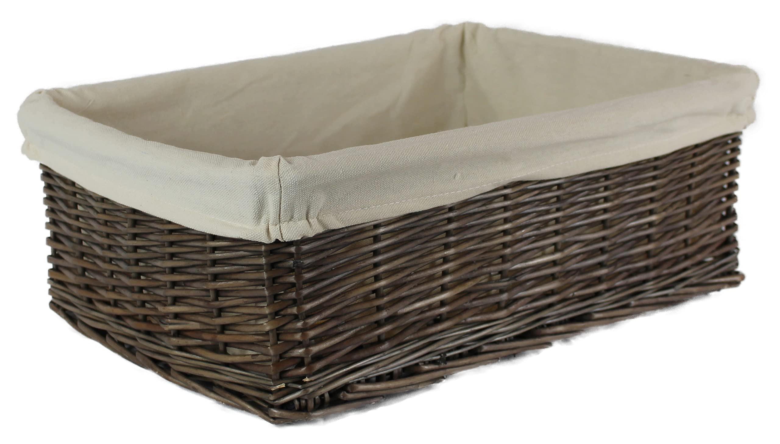 Grey wicker shelf baskets tray shape. Bedroom kitchen and home office storage. Cotton liners on whole willow stems (48cm, Grey Lined)