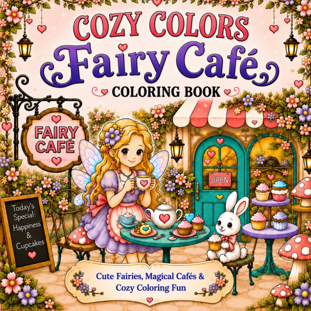 Cozy Colors Fairy Café: 40 Cute Fairy Coloring Pages Featuring Magical Cafés, Sweet Treats, Mushroom Houses, Flowers and Cozy Coloring Adventures