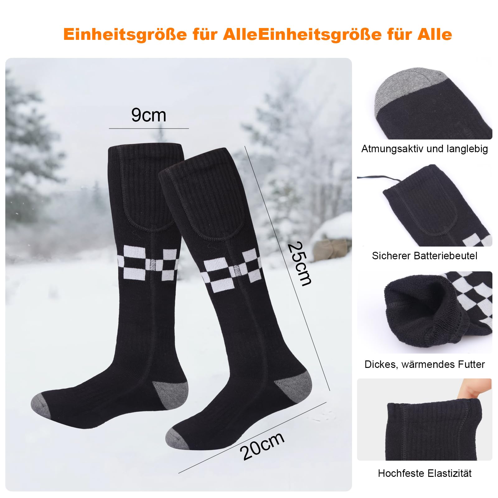 Chaussettes Chauffantes Rechargeables pour Hommes Femmes, 5000mAh Chaussette Chauffante Électrique avec Chauffage Semelle, 3 Niveaux Température, Lavables pour Ski Camping Randonnée Hiver