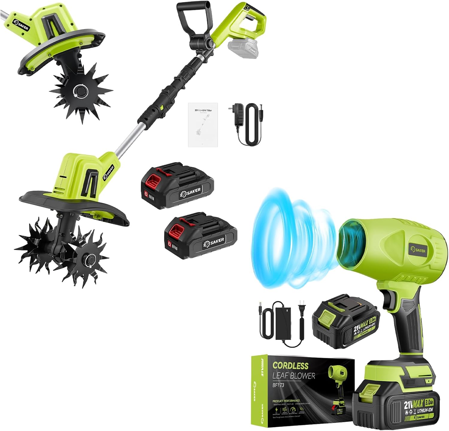 Saker Cordless Leaf Blower Portable Dust Cleaner with 22V Cordless Electric Garden Tiller Cultivator