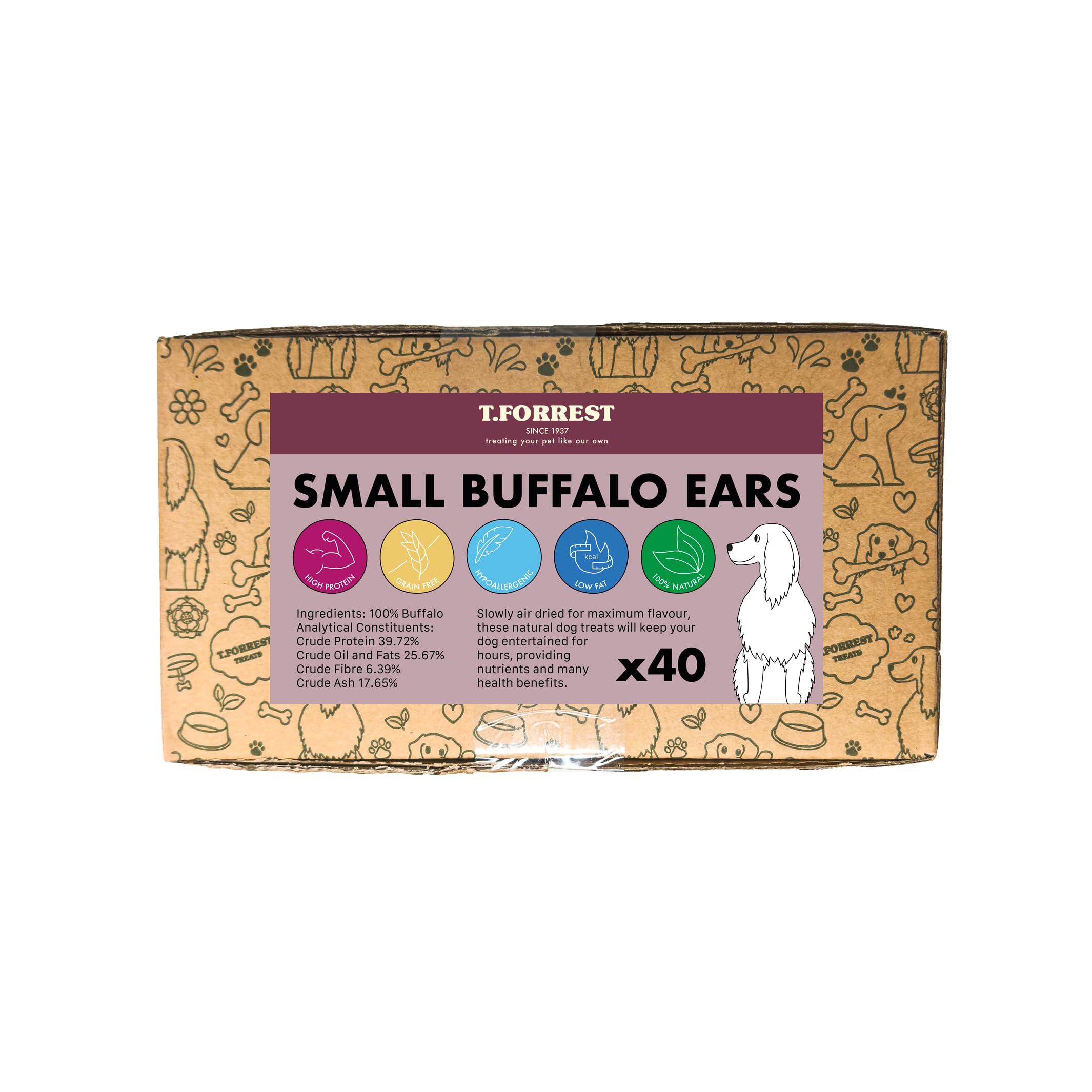 T.Forrest Small Air-Dried Buffalo Ears for Dogs (40 Pack) - 100% Natural, Long Lasting, Grain Free, High Protein Dog Treats