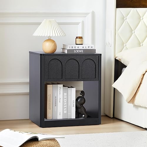 Miniatura 3 de Mesita de noche de madera, mesita de noche de 19.69 pulgadas de ancho con acabado arqueado, modernas mesitas de noche con perfil curvo, mesa