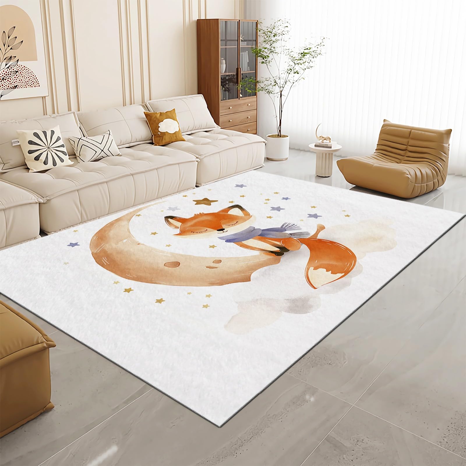 Tapis Poil Court Intérieur Lavable en Machine Aquarelle Renard Lune Doux Moelleux Chambre Enfants Blanc Salon Salle Cuisine Résistant Antidérapant 80x150cm