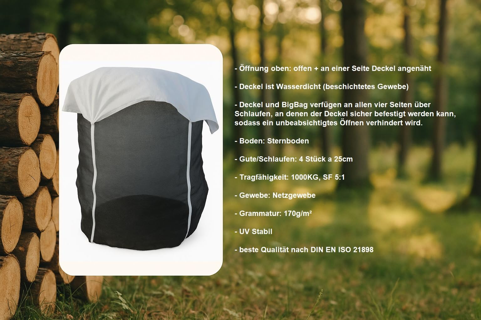 10 Stück Woodbag 100x100x120 cm Holzbag mit Deckel/Abdeckung Holz Bag Big Bag Sternboden mit Mosquito-Gewebe/Netzgewebe