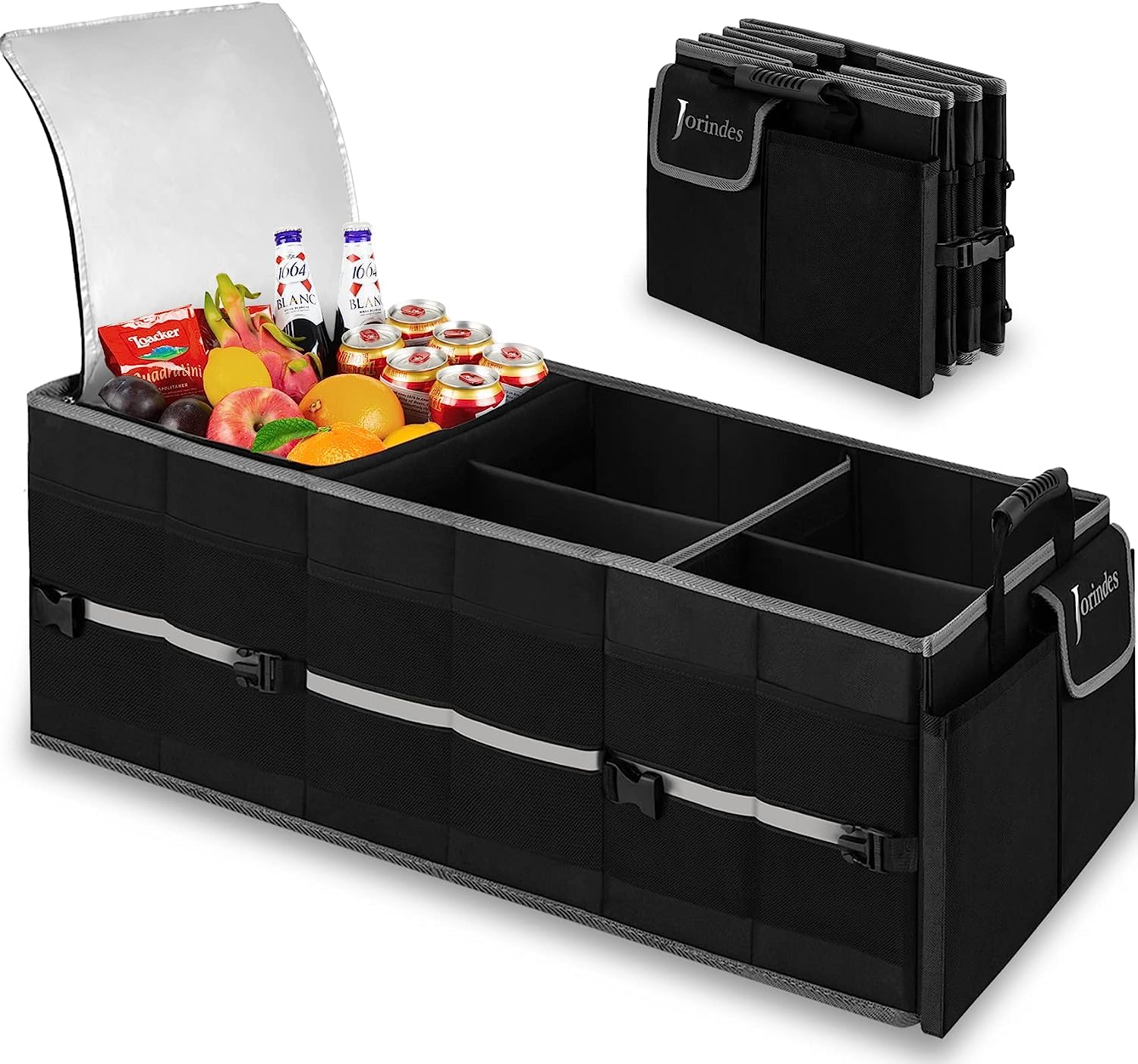 Jorindes Kofferraum Organizer, Kofferraumtasche mit Kühltasche, Auto Organizer Kofferraum Zusammenklappbarer 3 Extra Große Fächer 5IN1 Auto Aufbewahrungsbox - Verstellbare Sicherungsriemen