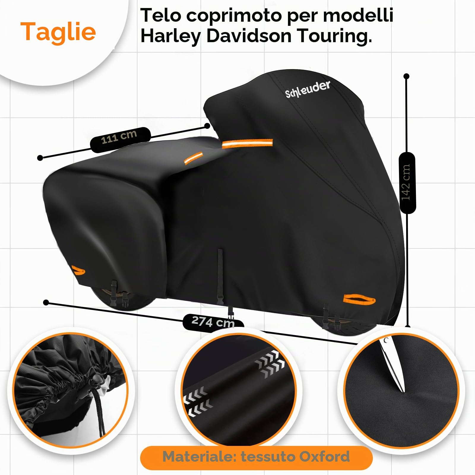 Telo per Harley Davidson - Telo per Harley Tutte le Stagioni con Cinghie Antivento e Strisce Riflettenti, Telo Moto per Harley Davidson da esterno, Telo Copri Moto per Harley Touring 274x111x142 CM.
