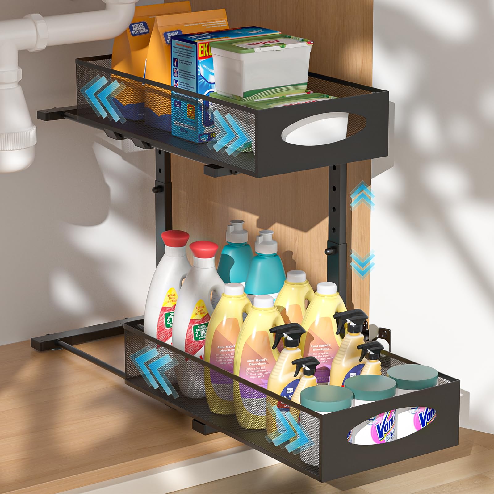 Rangement sous Évier,2 Niveaux Organisateur sous Evier Cuisine,Hauteur Réglable Rangement Souss Eviers Cuisine,Tiroir Coulissant,pour Cuisines,Placard,Salle de Bain,Noir,1 Pièce