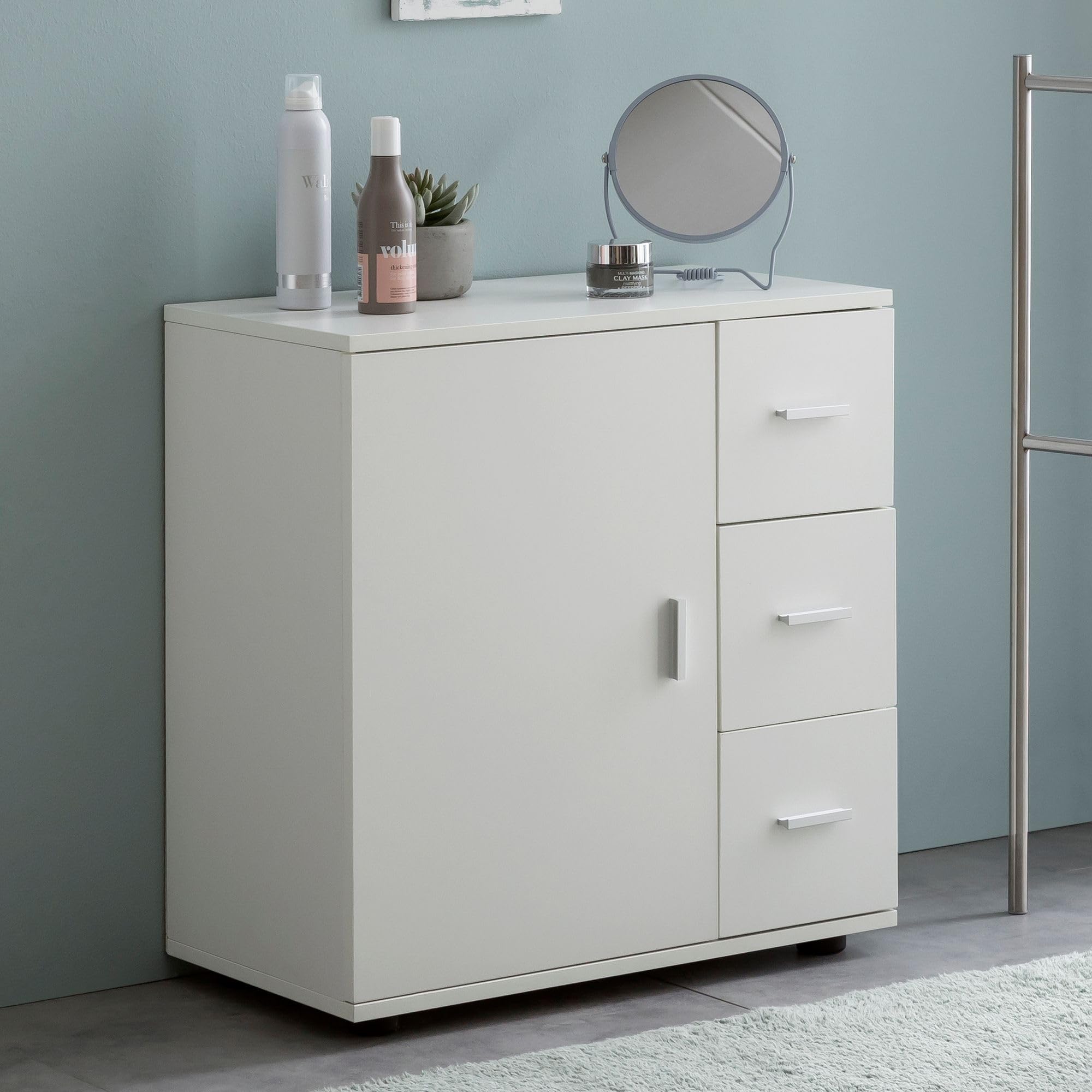 WOHNLING Mobile Bagno Midi 60x33x65,5 cm Bianco, Anta e Cassetti
