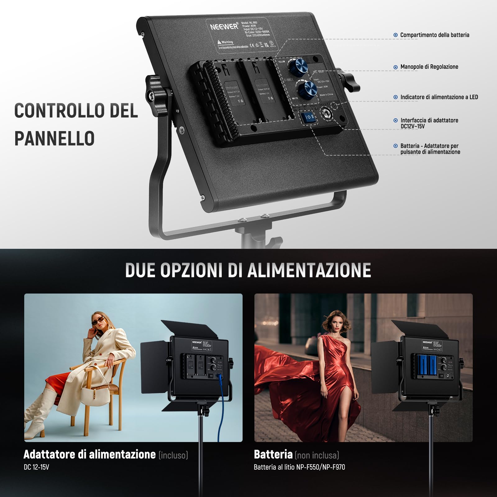 NEEWER 660 Pannello Luce LED Fotografia Kit d’Illuminazione:Luci Video Bicolore Dimmerabile 3200-5600K CRI 96+ & 190cm Cavalletto, Faretto LED Fotografico per Riprese Video e Foto Studio