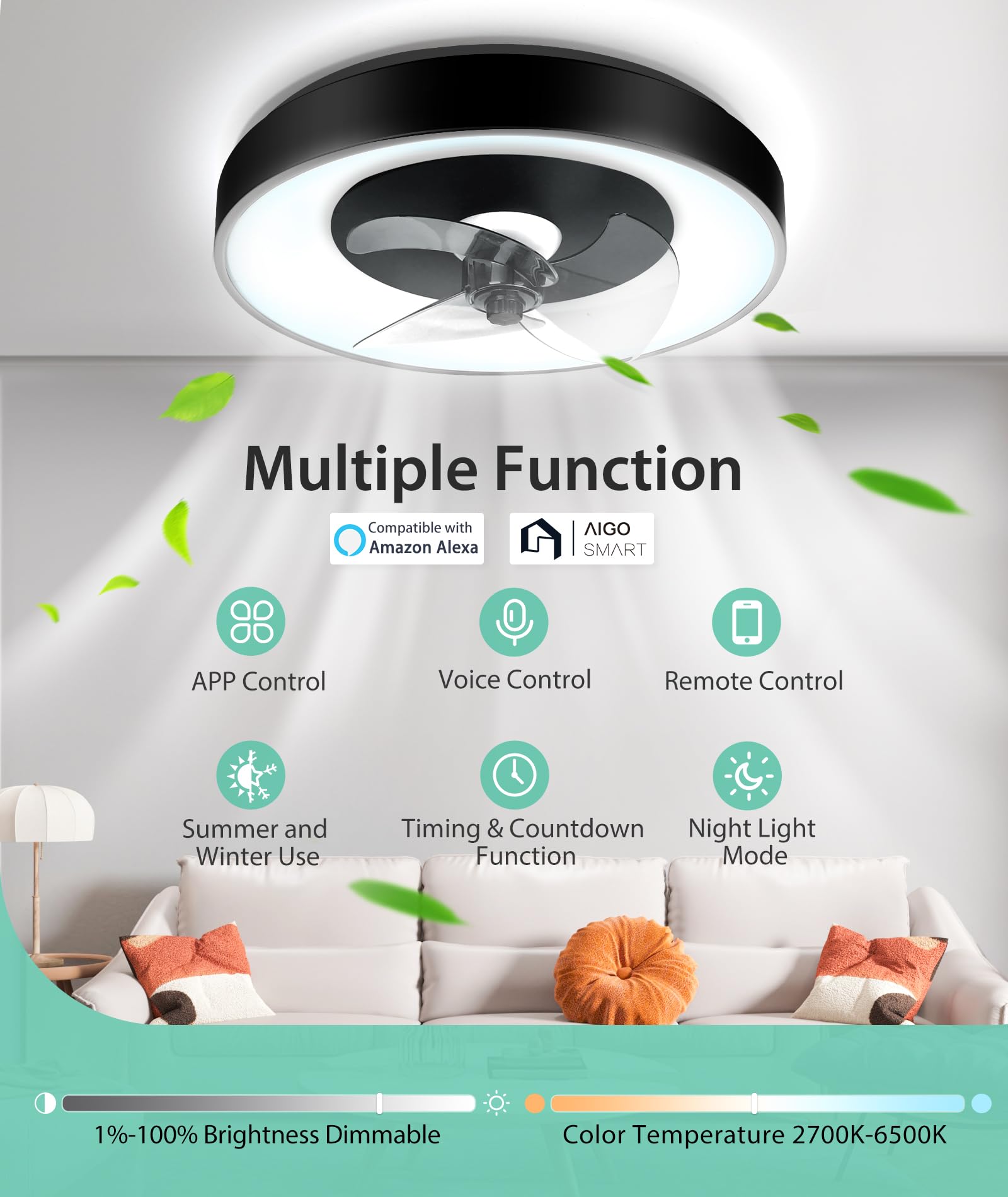 Aigostar Ventilatore da Soffitto con Luce, Compatibile con Alexa, 40W, 4400LM, 2700K-6500K Dimmerabile, 6 Velocità, φ50CM - Ventilatore Soffitto Smart con Telecomando e Gateway, per Soggiorno