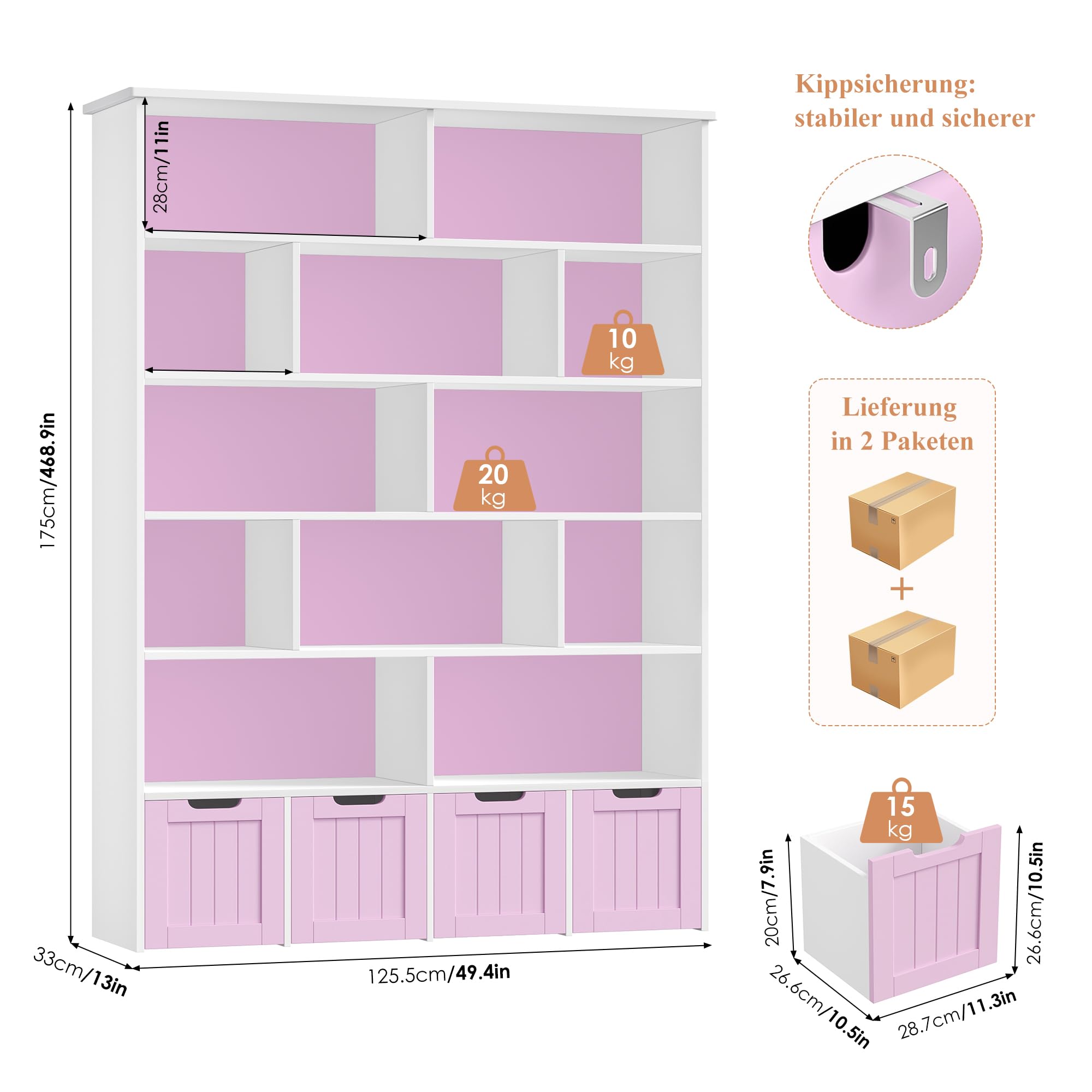 FOREHILL Kinderregal 6 Ebenen, Kinderzimmer Möbel, Bücherregal für Kinder | Kinderschrank mit Boxen auf Rollen, Spielzeug Aufbewahrung für Kinderzimmer, Kindergarten, Leseecke 175x33x125,5cm Flieder