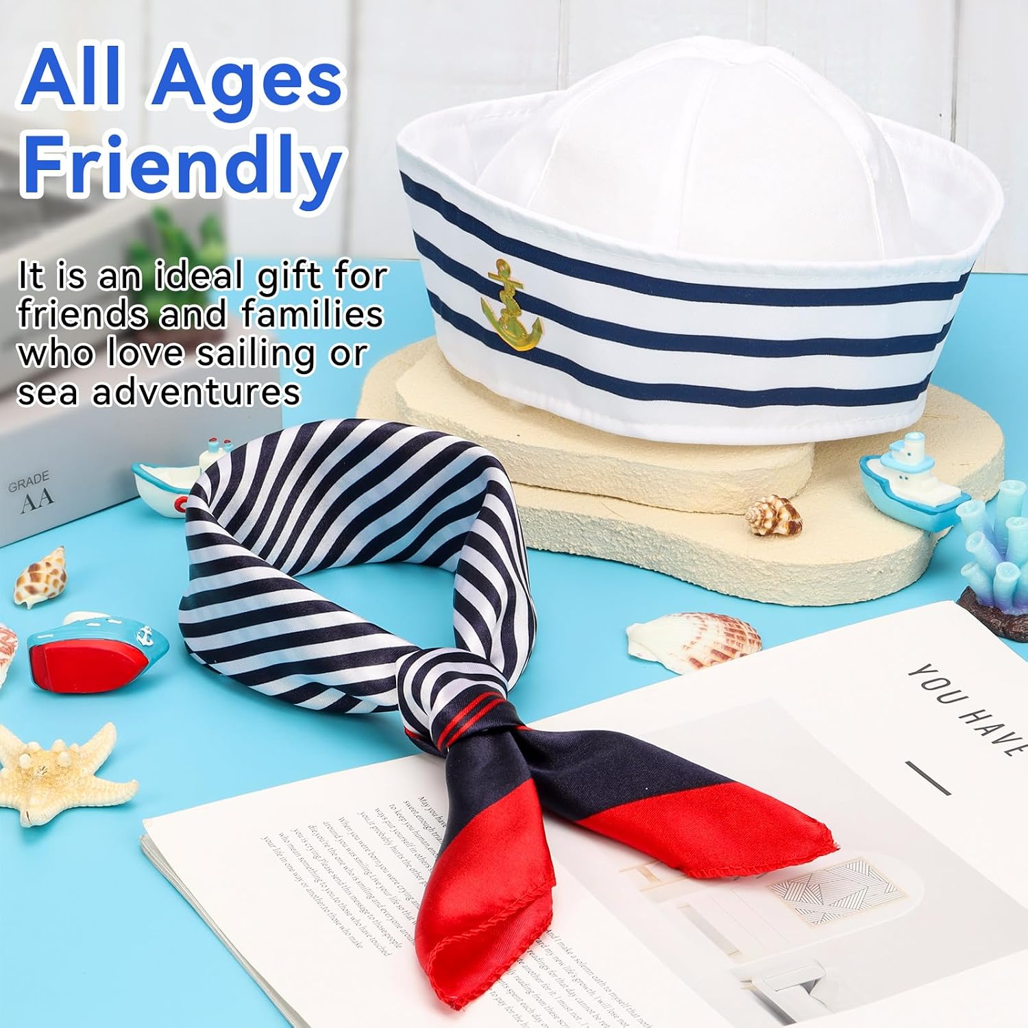 2PCS Sailor Ship Cap Scarf,White Captain Hat with Sailor Scarf,Sailors Cap Costume Accessories for Men Women Captain Dressing up Party