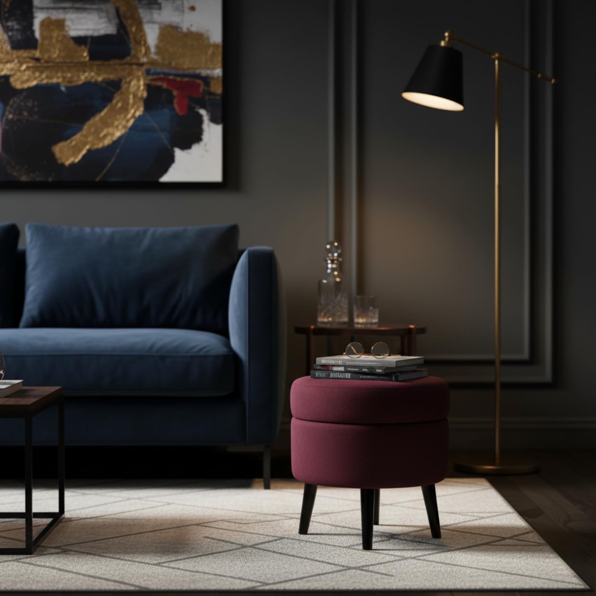 Pouf Contenitore in Velluto Color Bordeaux, Puffo Contenitore Rotondo, Pouf con Piedini in Legno, Pouffe Salotto 38x39 cm