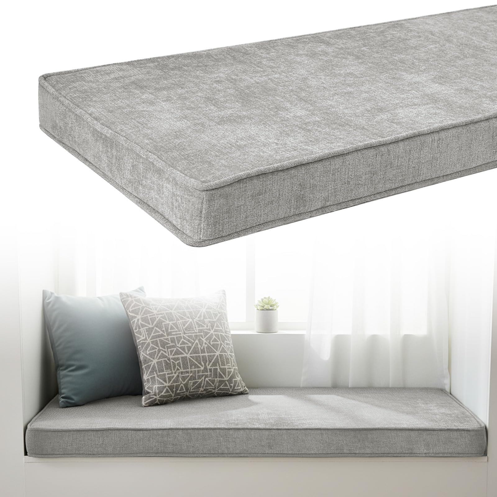 Chenille Bench Cushion 5cm Thick, Anti-Slip Bay Window Seat Pad 190x45x5cm