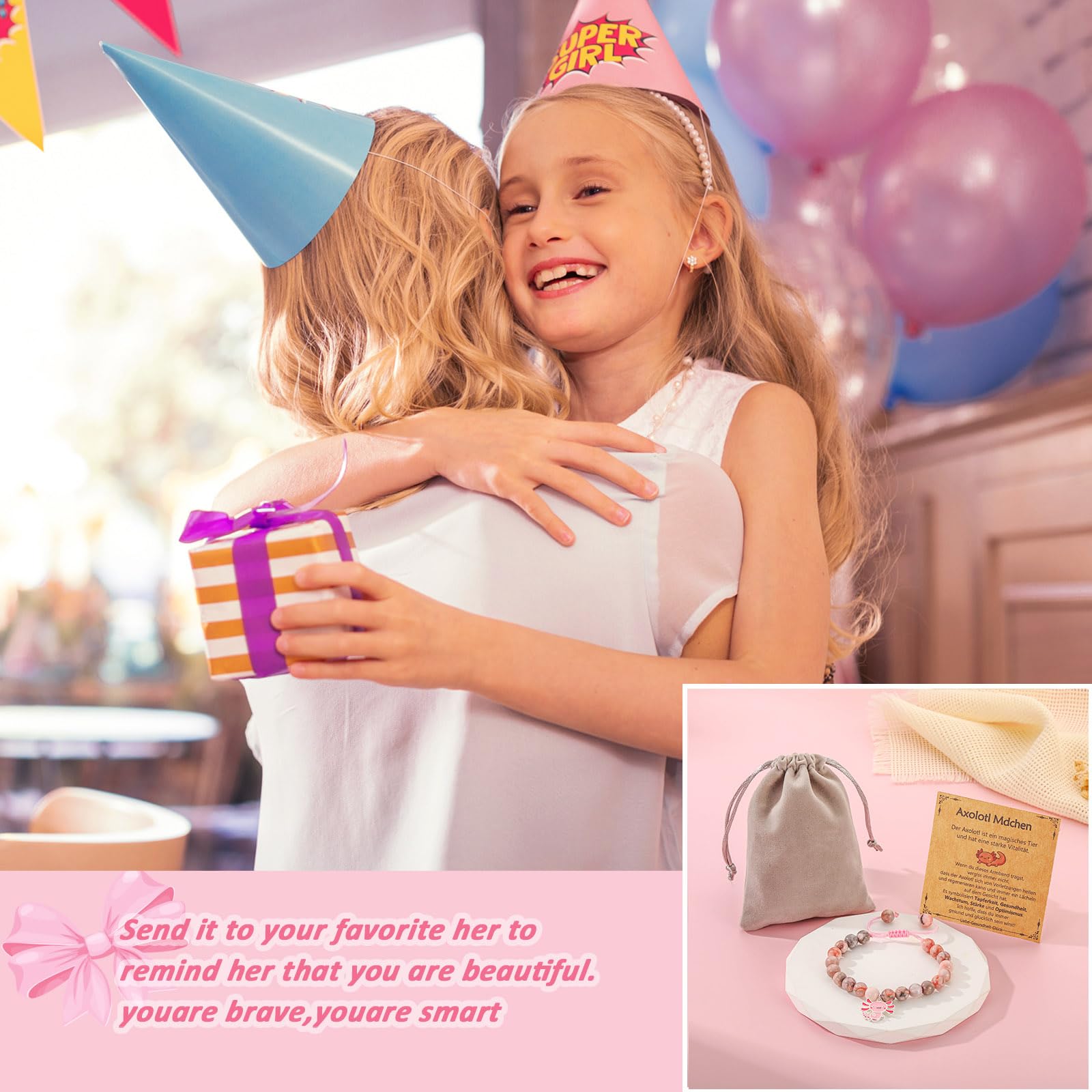 Aretas Axolotl Armbänder für Mädchen Kinder Rosa Perle und Strass Kugeln/Rosa Naturstein Armband mit Axolotl Anhänger Cute Stuff Kleine Schmuck Süße Sachen kinderschmuck Geschenke für Enkelin, Tochter