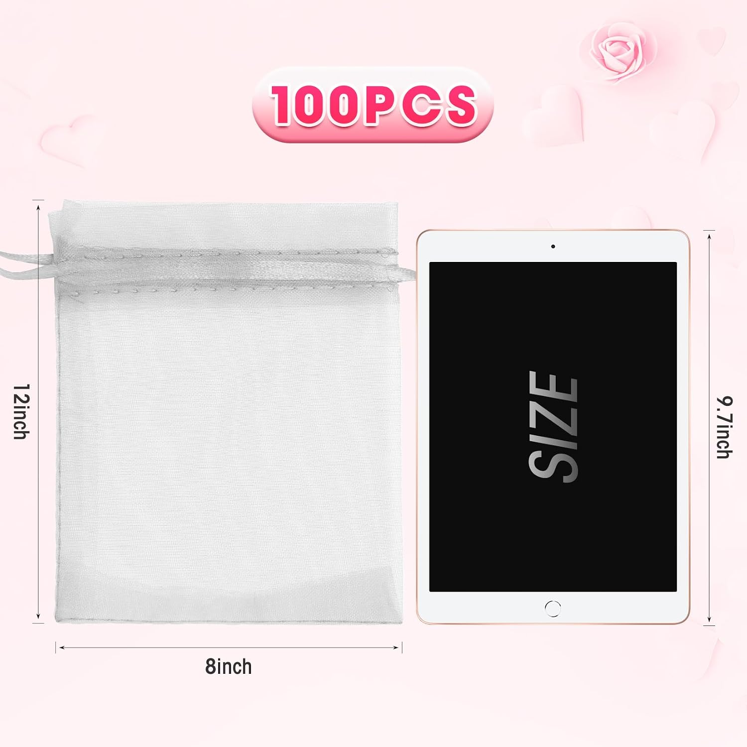 ANZNKU 100Pcs Large Organza Bags 8x12, White Small Mesh Gift Bag Drawstring image 2